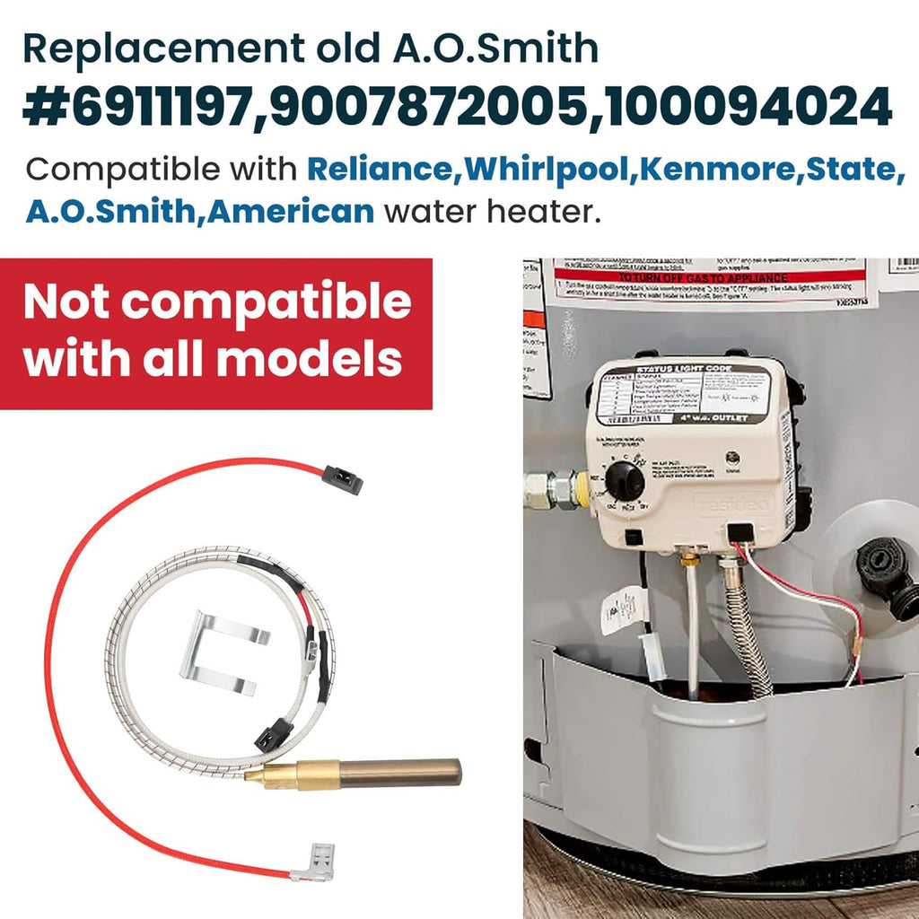750 Mv 100112328 Thermopile Compatible with Reliance, Whirlpool, A.O.Smith, Kenmore, American Water Heater, Replace 6911197, 9007872005, 100094024,100112327，21 inch