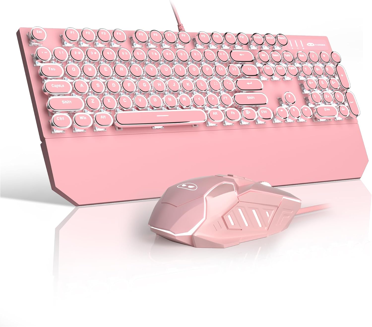 Retro Pink Typewriter-Style Keyboard and Mouse Combo, Cute Light Up Wired Mechanical Keyboard with Linear Red
