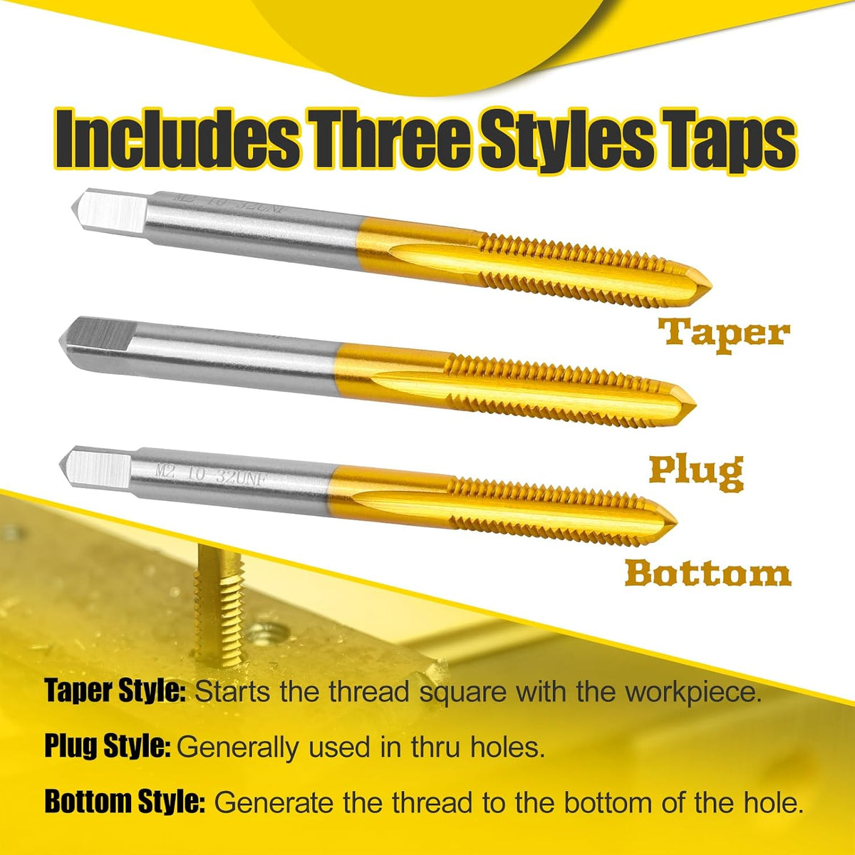 3Pcs 10-32 UNF Thread Tap for Metal,Taper+Plug+Bottom Threading Hand Tap