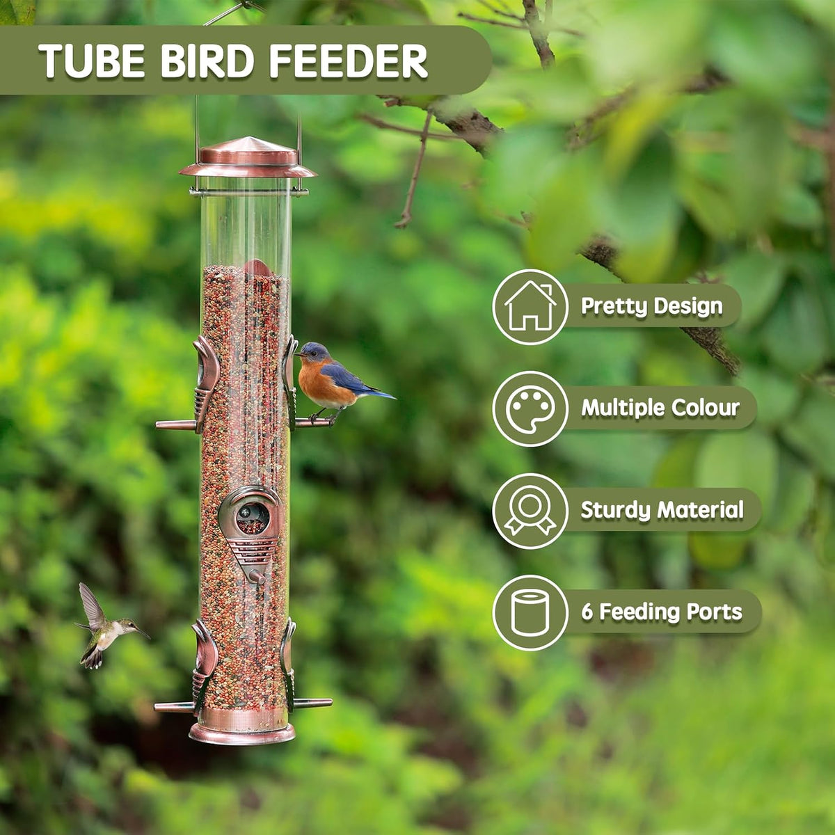 Metal Bird Feeder Tube Hanging Wild Bird Seed Feeder Aluminum Six Port Bird Feeders,1.4 mm Extra Thick Solid Tube