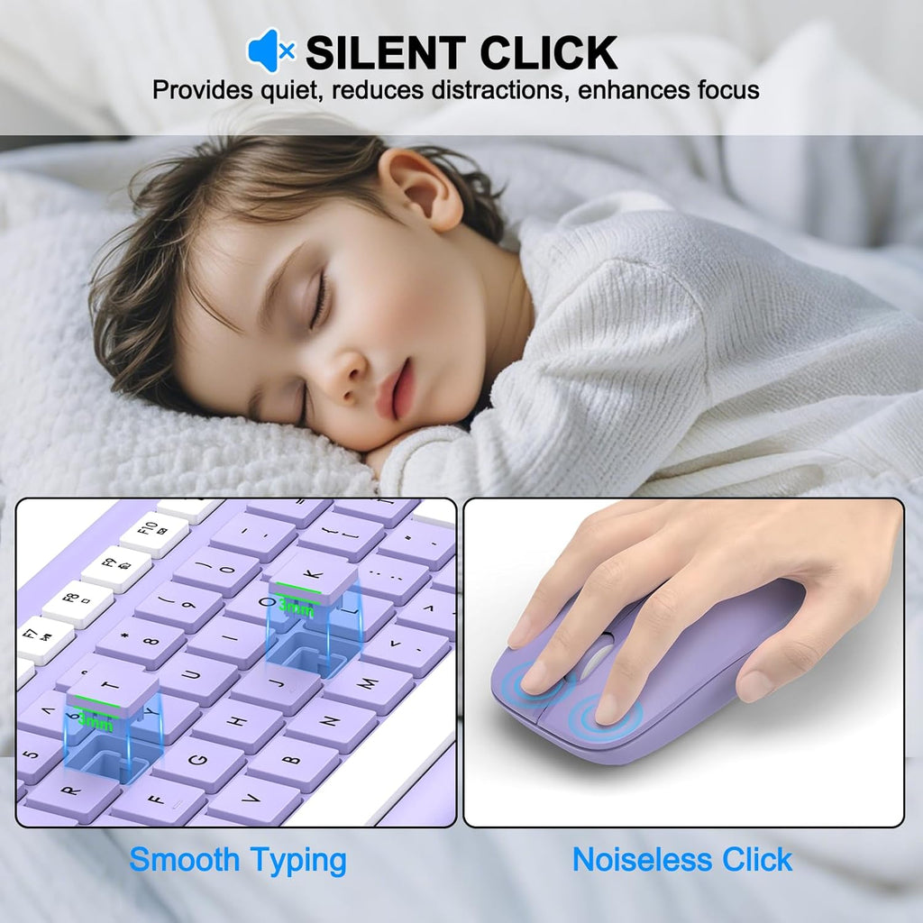 Wireless Keyboard and Mouse Combo, MK258 Full Size Silent Keyboard (Purple) | Silent for Home Office, Optical Mouse