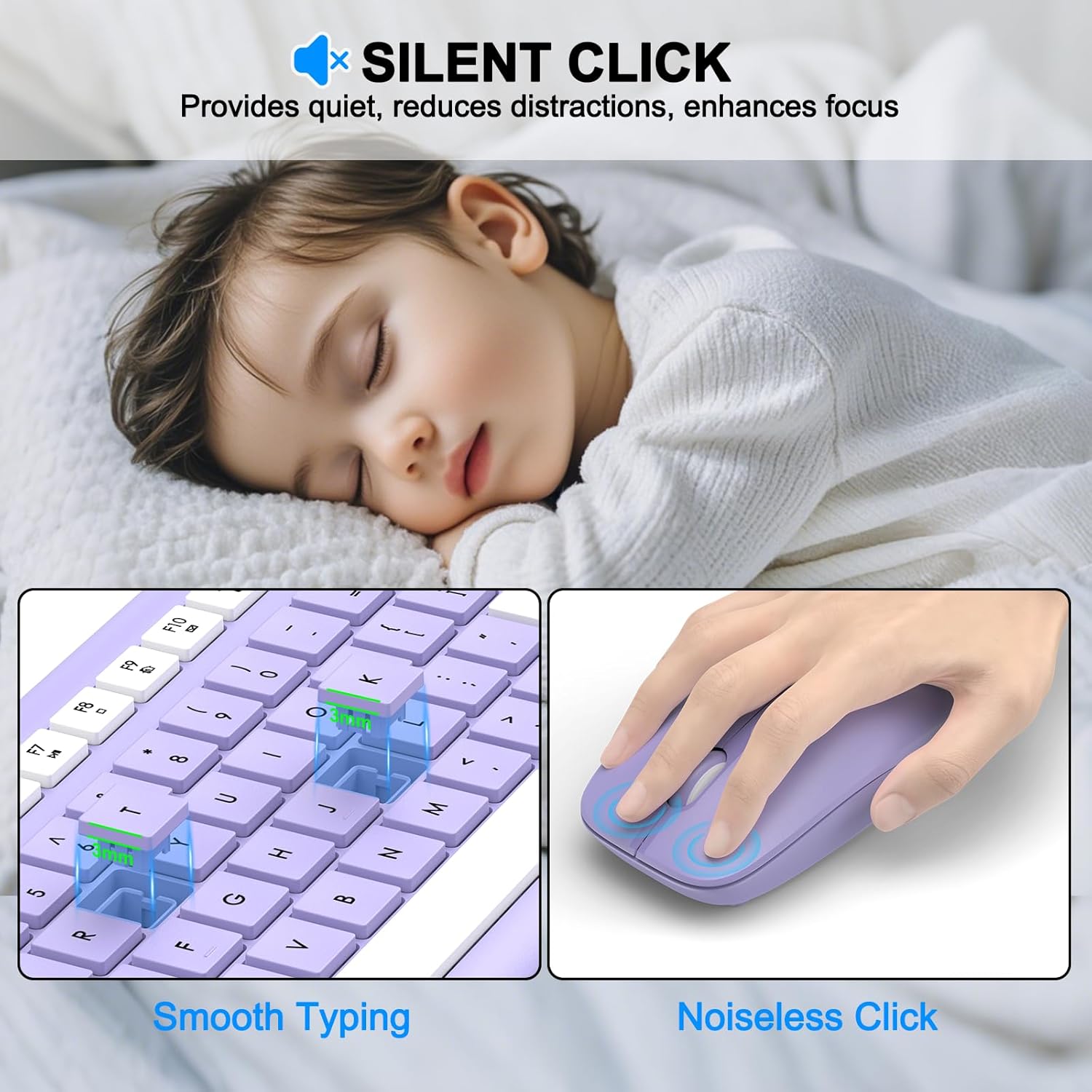 Wireless Keyboard and Mouse Combo, MK258 Full Size Silent Keyboard (Purple) | Silent for Home Office, Optical Mouse