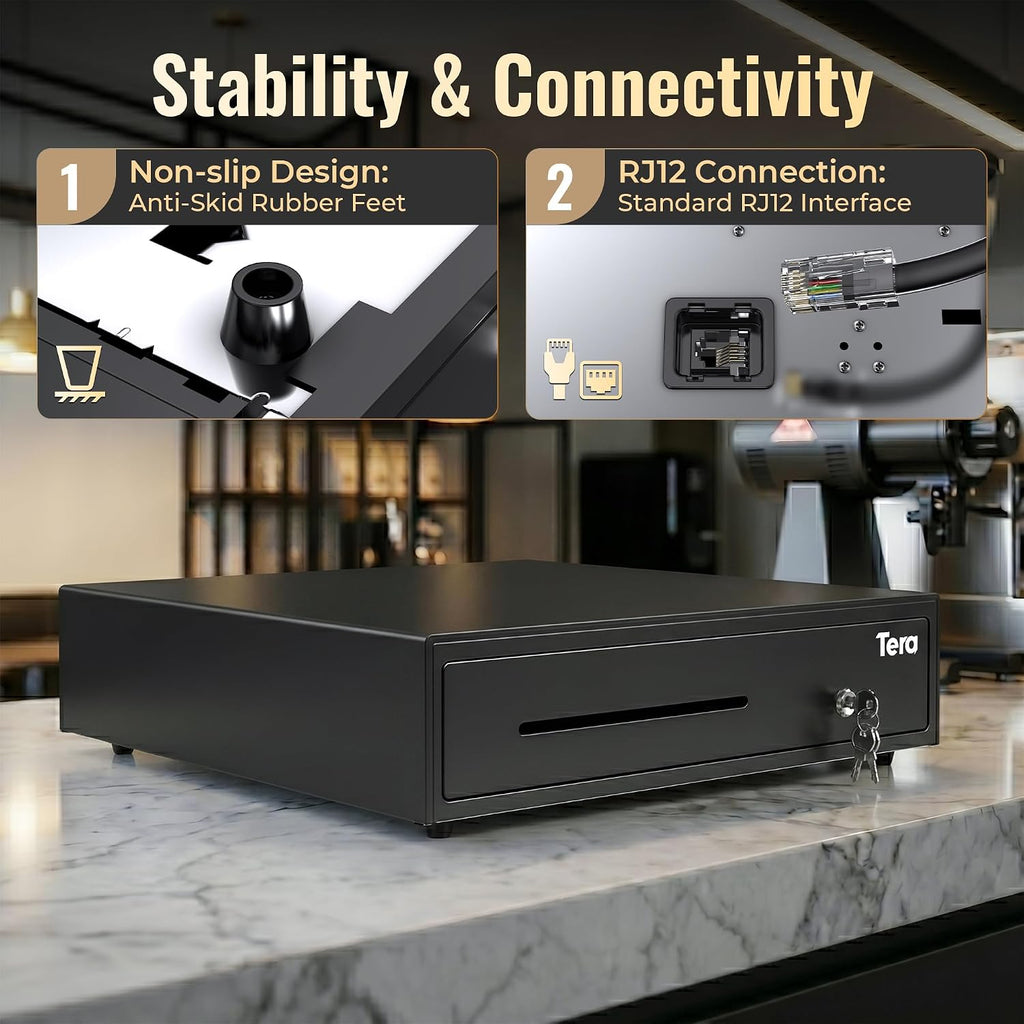 Cash Register Drawer 16 inch: 5 Bill 8 Coin Media Slot for POS, 415A | RJ-12 Interface, Auto & Manual Open, Removable