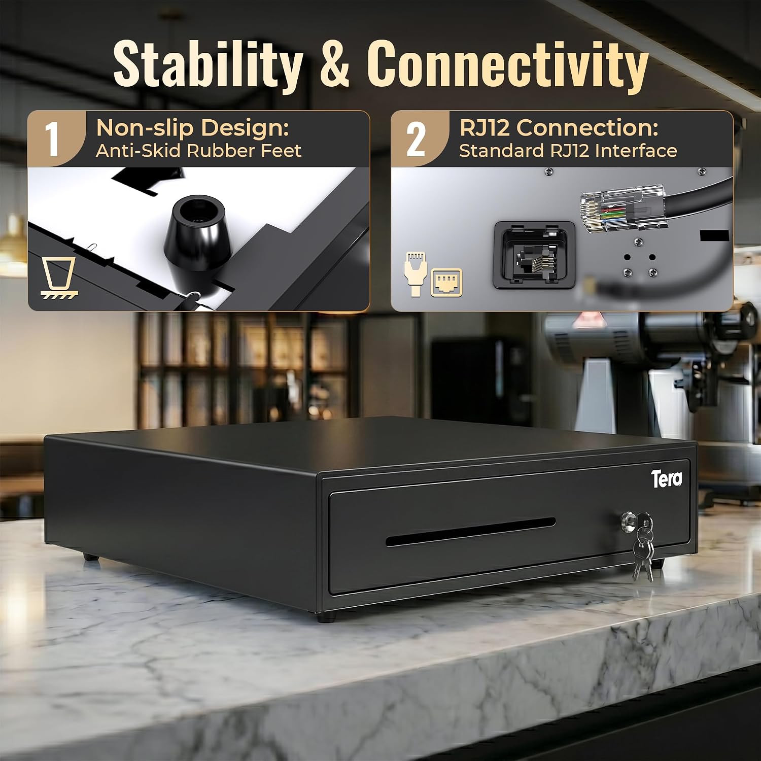 Cash Register Drawer 16 inch: 5 Bill 8 Coin Media Slot for POS, 415A | RJ-12 Interface, Auto & Manual Open, Removable
