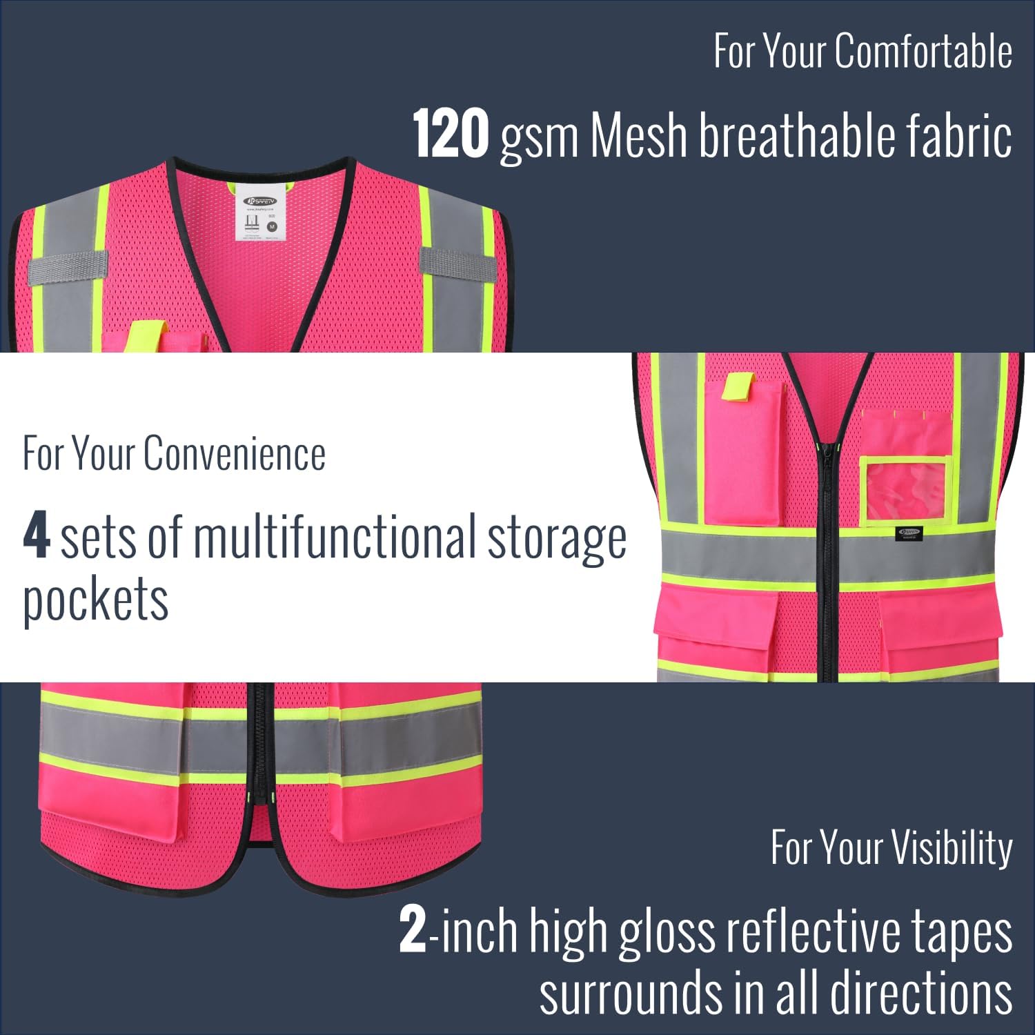 Safety Vest for men women Reflective Vest with Pockets and Zipper High Visibility Vests BX340