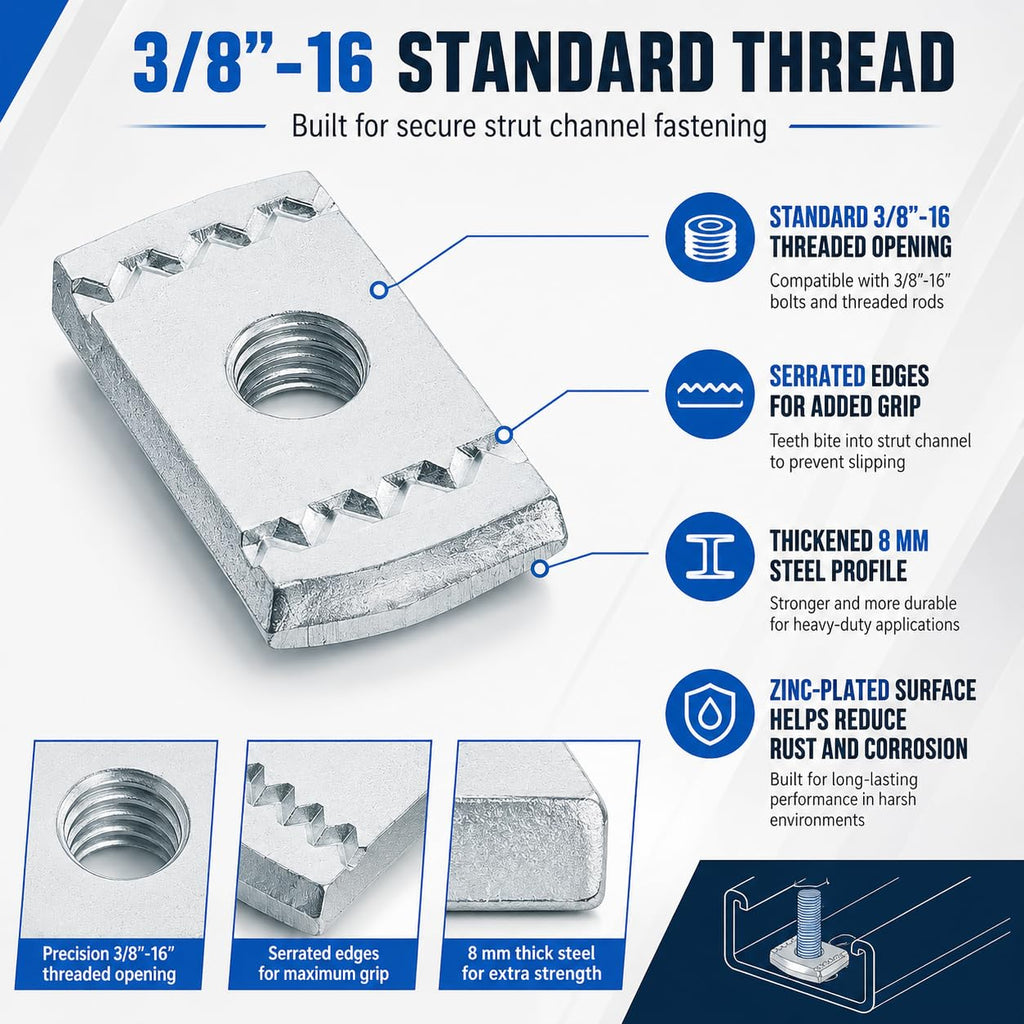 100 Pack 3/8-16 Strut Channel Nuts, 8mm Zinc-Plated Steel, No Spring