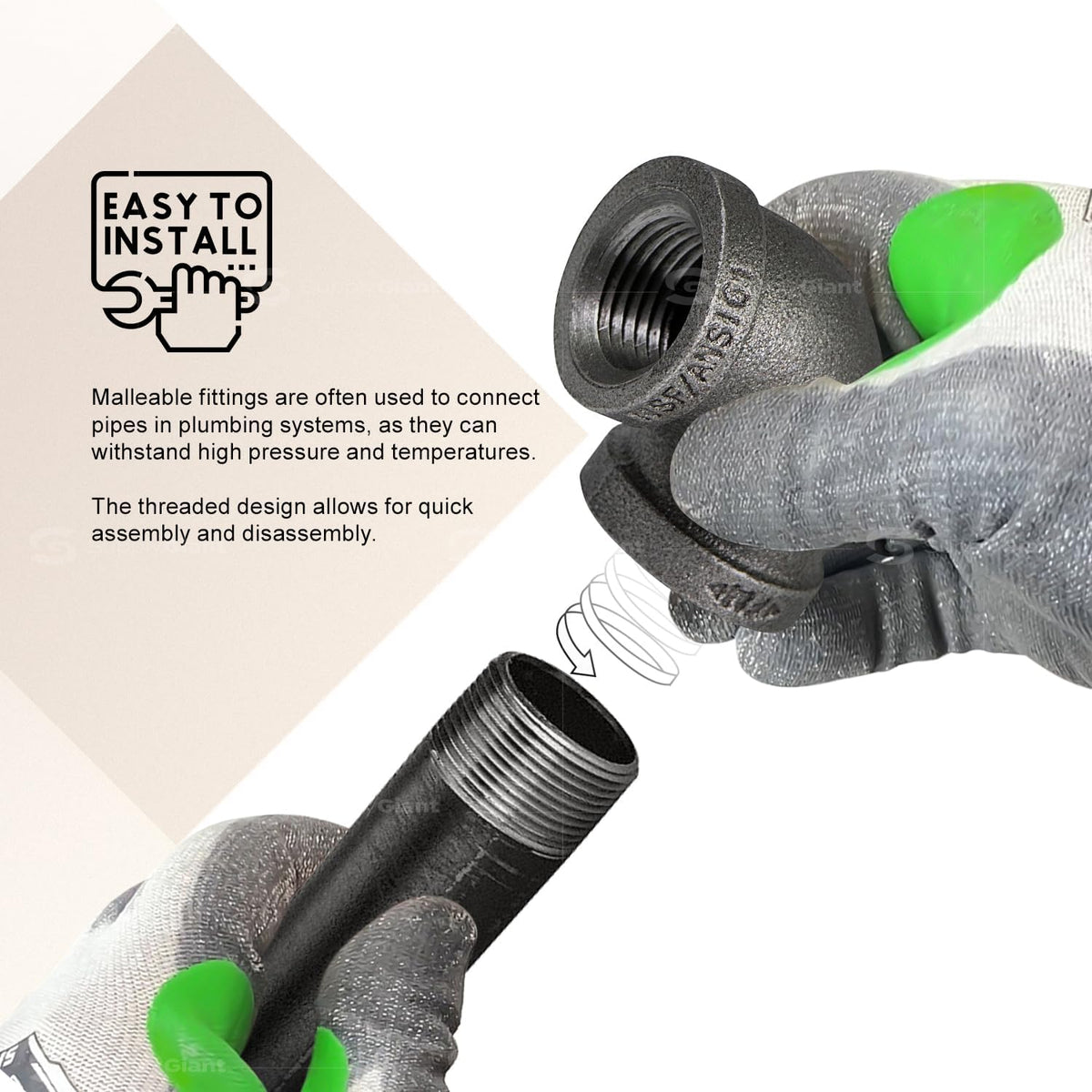 Supply Giant CNOM0034 3/4 in. 90 Degree Malleable Iron Elbow Fitting for High Pressures with Female Thread Connects and Black Finish