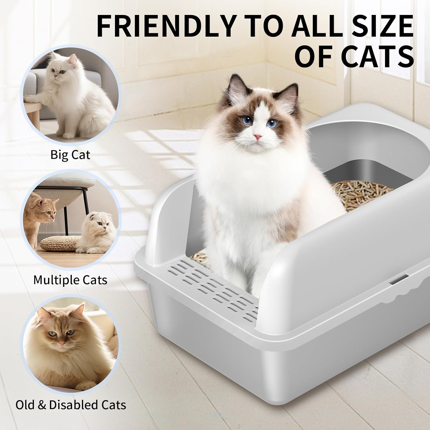 Stainless Steel Cat Litter Box with Lid High Wall Sides Enclosure, Non-Sticky, Anti-Leakage, Easy Cleaning, with Cat