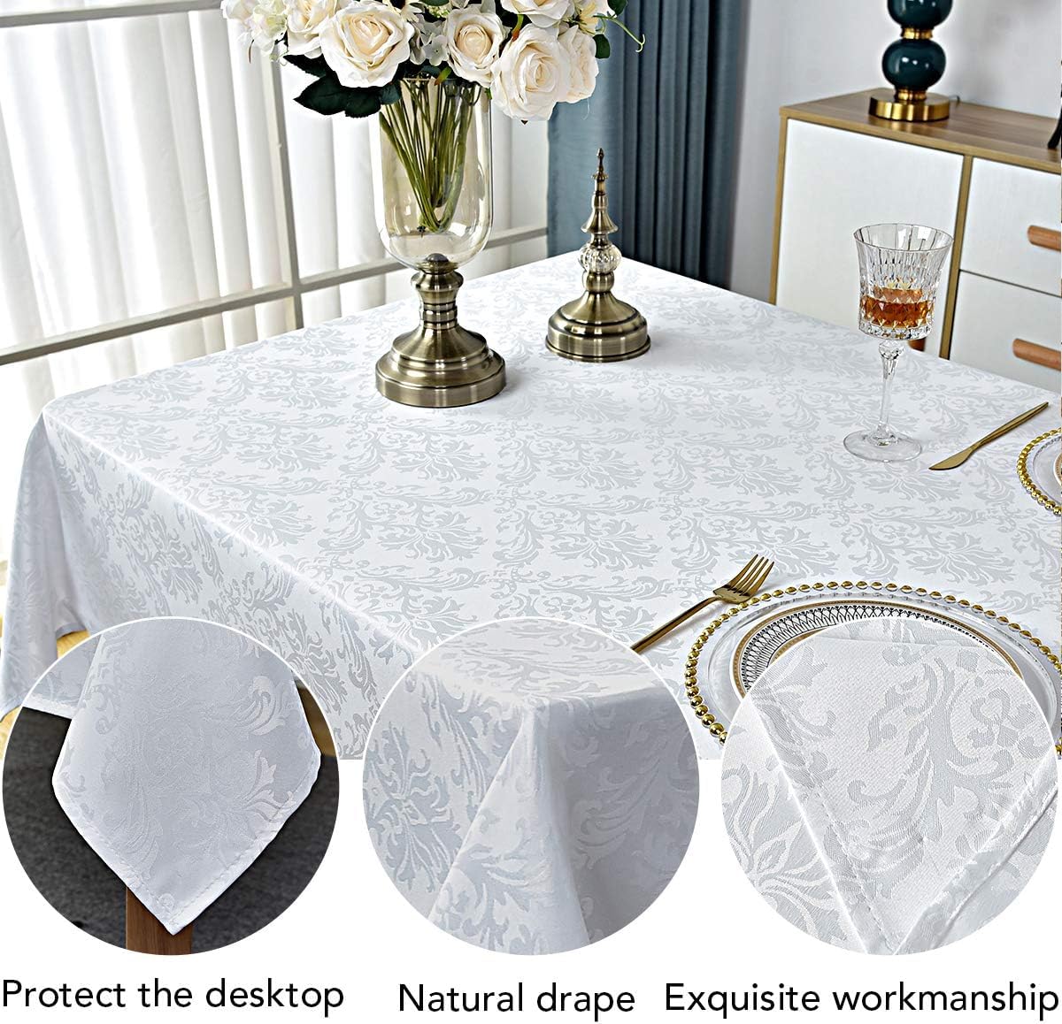 White Jacquard Damask Rectangle Tablecloth, 60 x 120 Inch