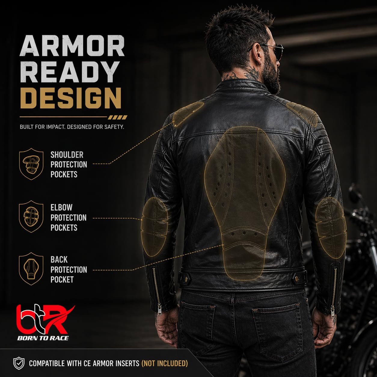 Men’s Leather Motorcycle Jacket, Distressed Biker Riding Jacket with Armor Pockets, Removable Liner