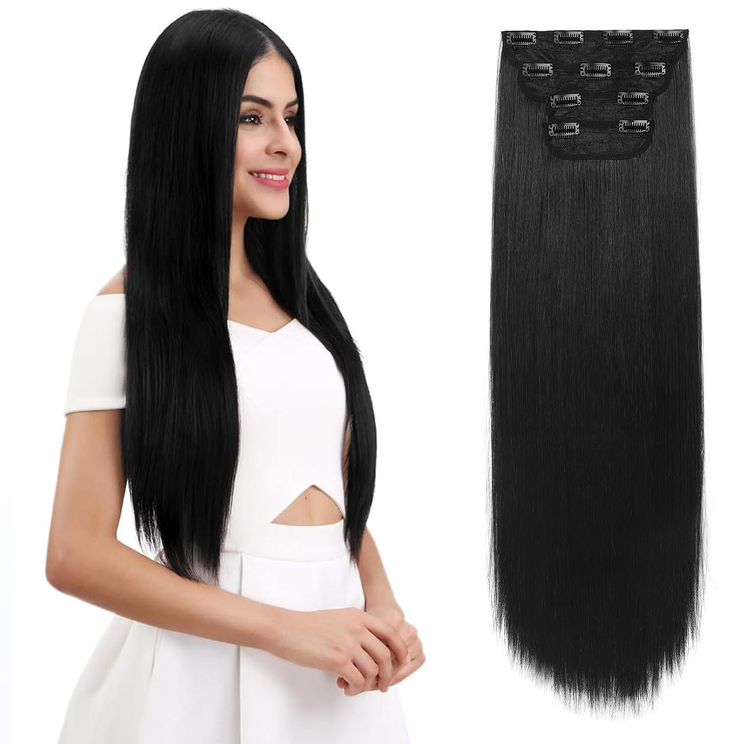 28" Straight Super Long 4 PCS Set Thick Clip in on Hair Extensions Natural Black