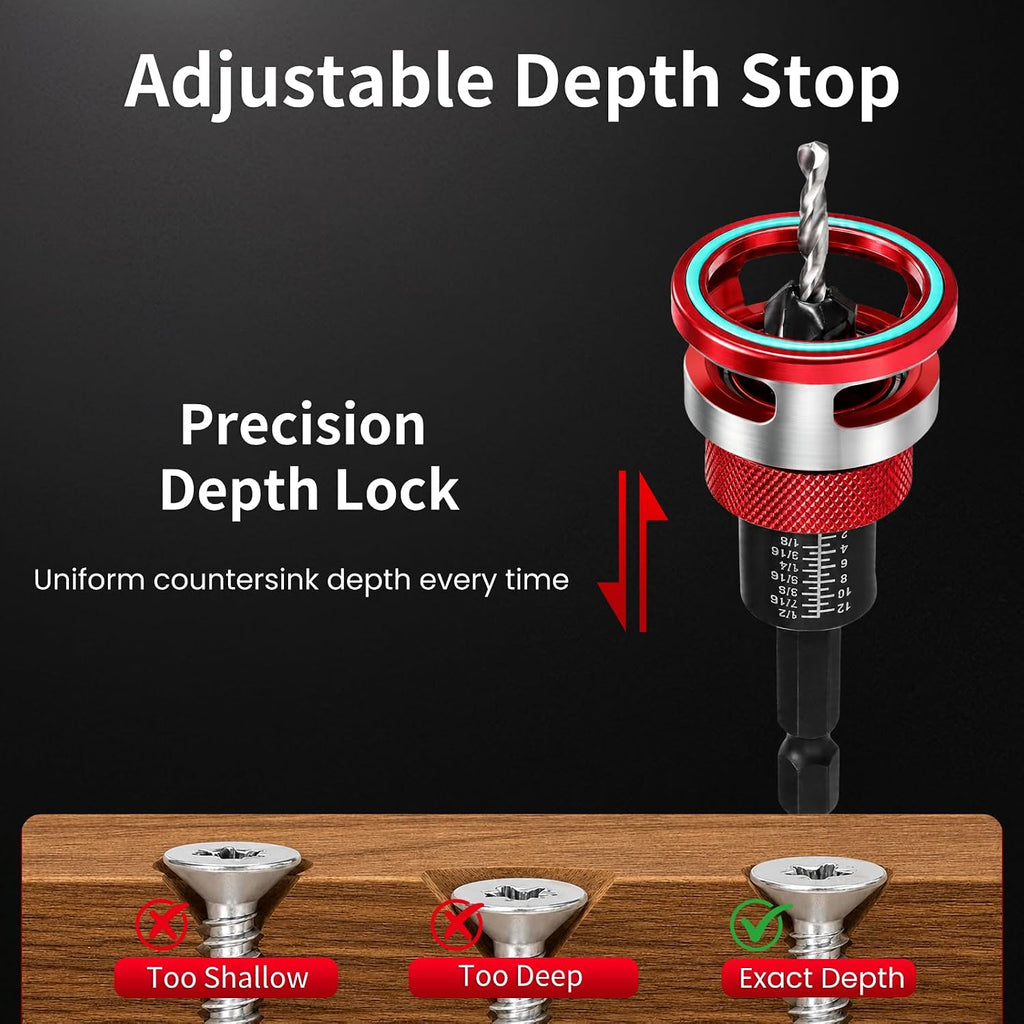 Countersink Drill Bit Set with Depth Stop, 5 PCS TCT Cutters & HSS Bits