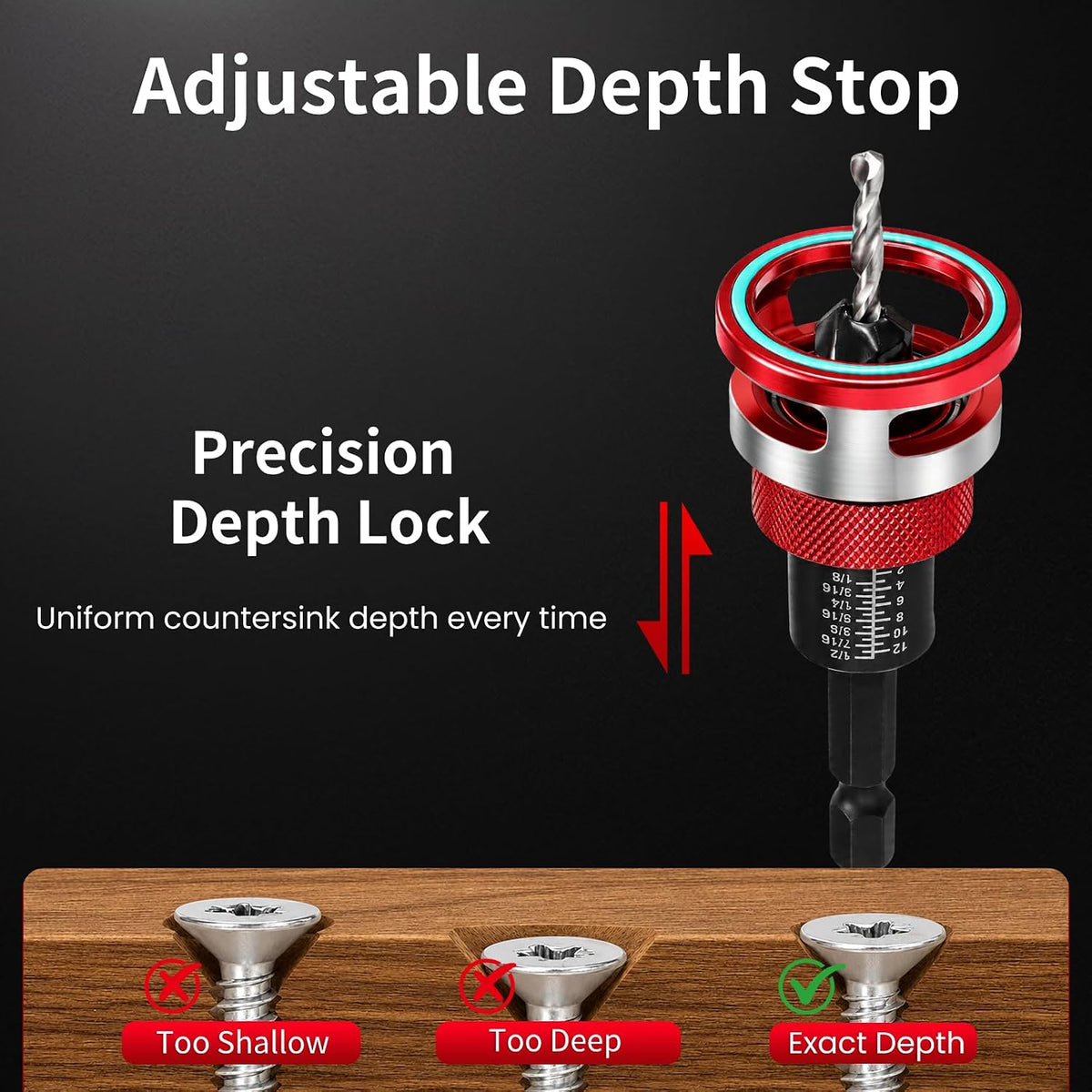 Countersink Drill Bit Set with Depth Stop, 5 PCS TCT Cutters & HSS Bits
