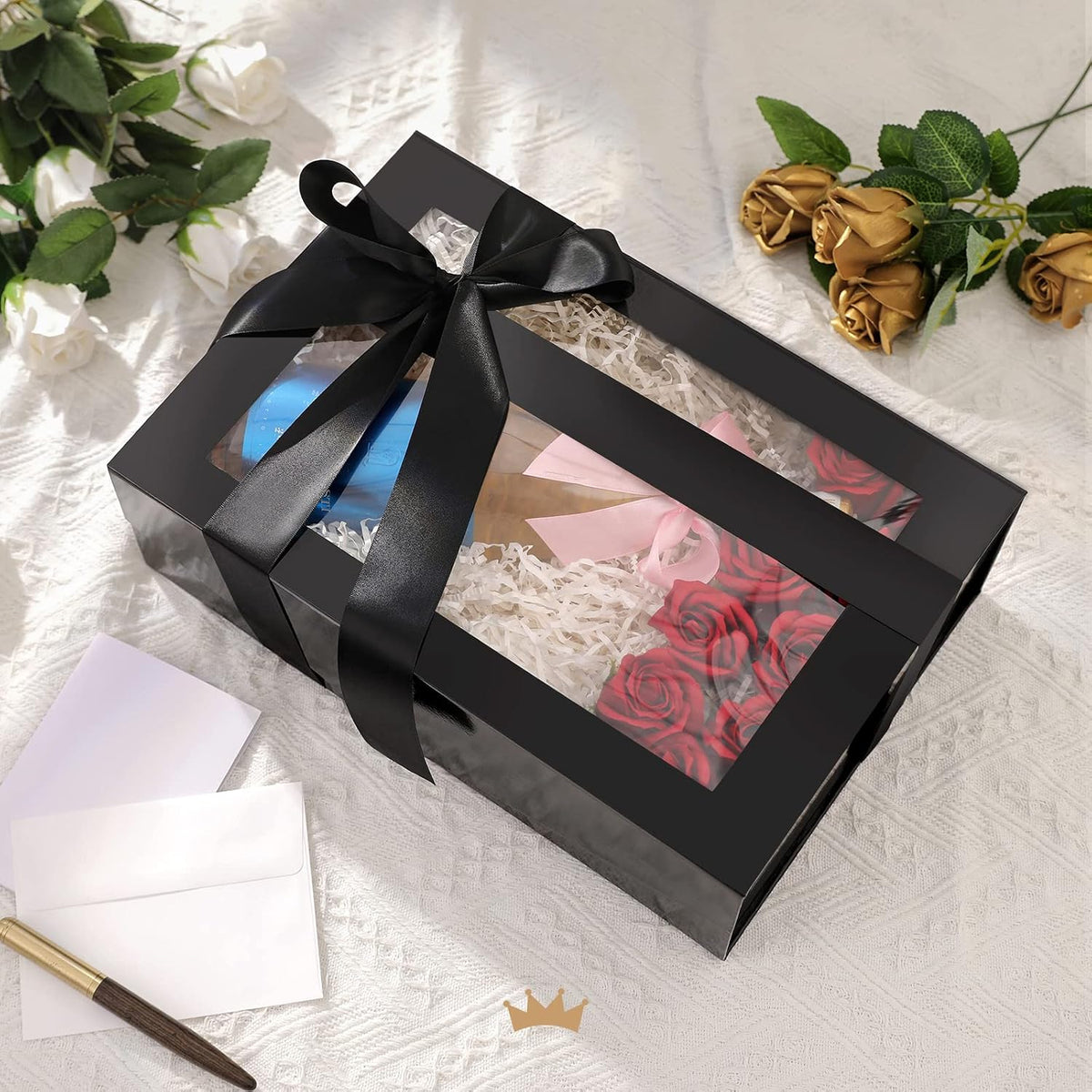 Large Black Magnetic Gift Box with Window, Ribbon 13.5x9x4.1 In