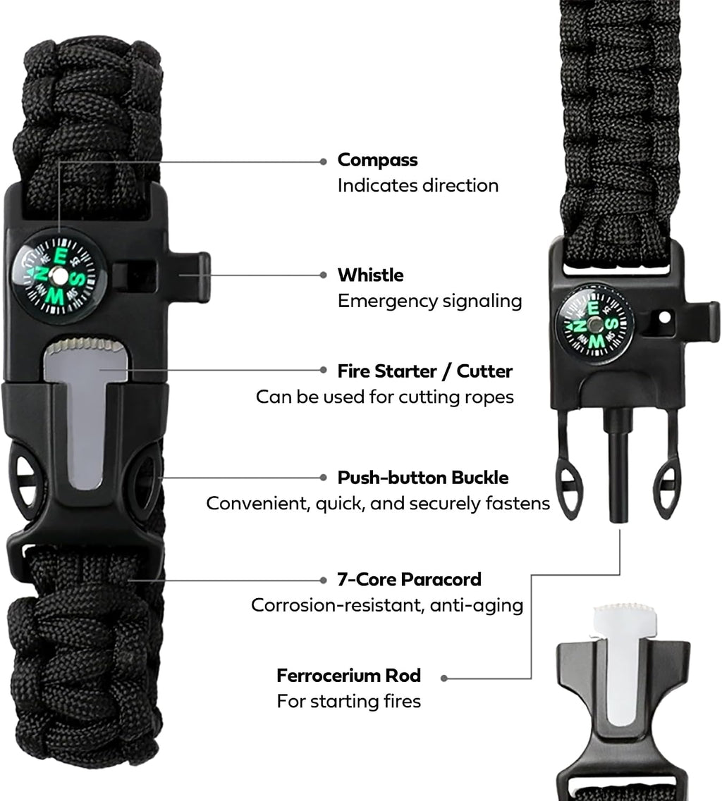 Survival Bracelet,Practical Five Functions, Fire Starter, Loud Whistle, Reliable Compass, Rope Cutter, Reliable Paracord