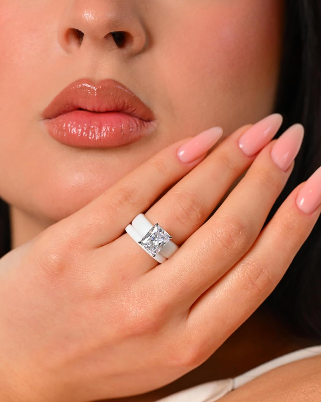 Silicone Ring with Stone and Thin Band Set - Emerald Cut Cubic Zirconia Engagement Ring for Women - Rubber Wedding