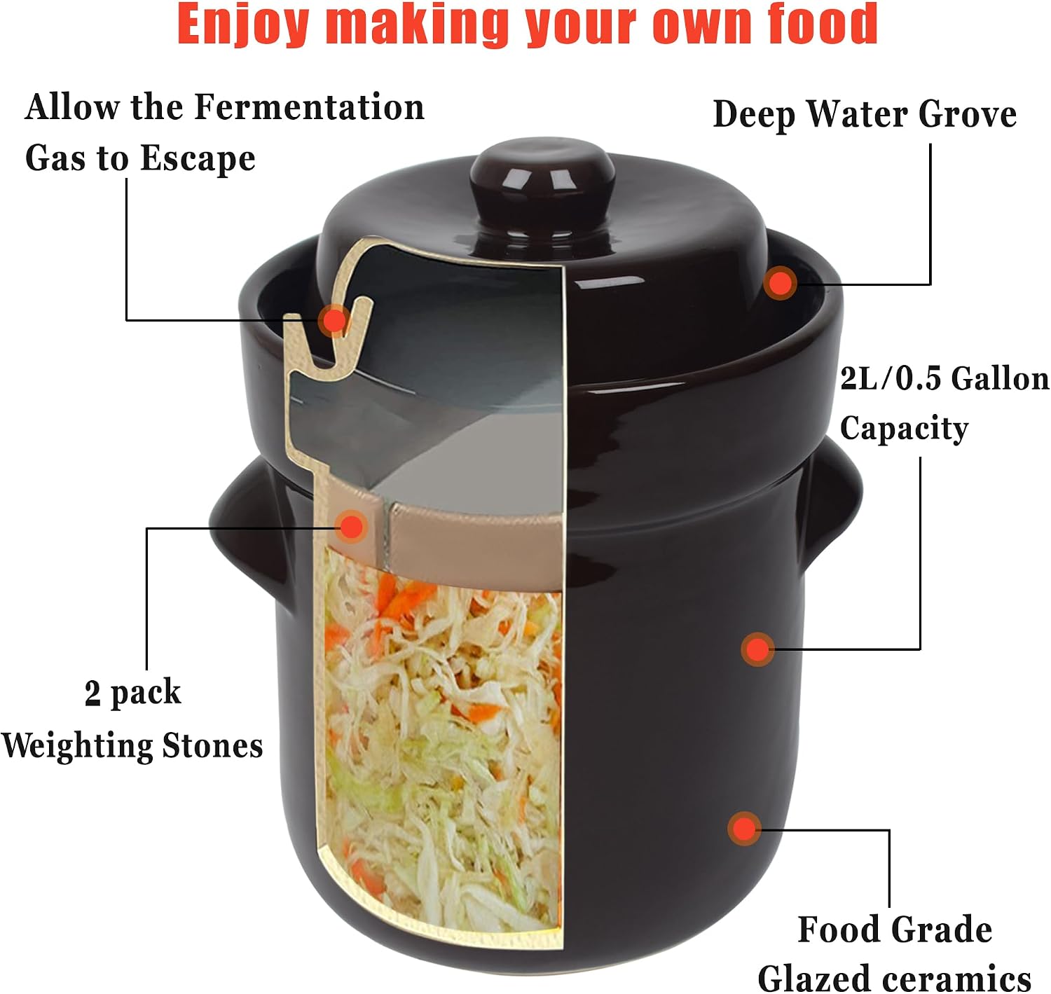Fermentation Crock Jar 2 Liter/0.5 Gallon - Stoneware Pot for Fermenting, Pickling Kimchi, Pickles, Vegetables