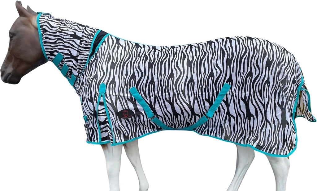 Horse Fly Sheet with Neck | Horse Combo Flysheet with Neck | Horse Summer Sheet with Hood (Zebra-Turq, 78)