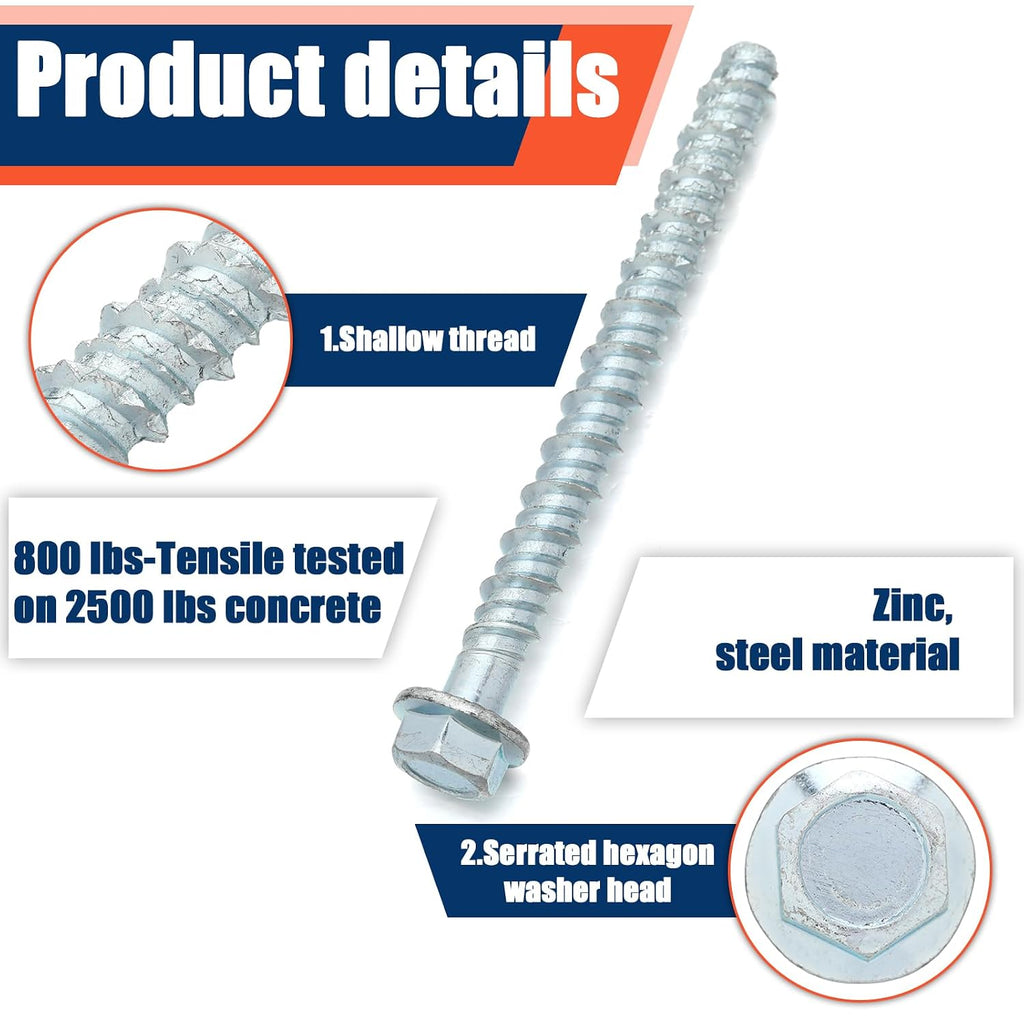 50 Pack 5/16 x 4 Concrete Anchors and Screw Kits Galvanized | Large Diameter, Concrete Bolts Screw, Hex Head, Heavy