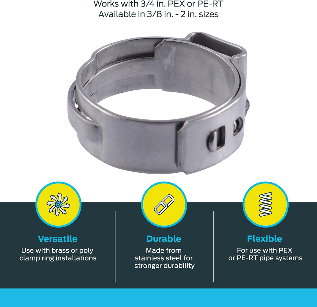 SharkBite 3/4 Inch Clamp Ring, Stainless Steel Plumbing Fitting, PEX Pipe, PE-RT, UC955A