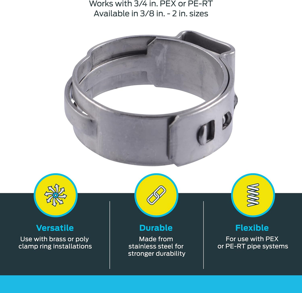 SharkBite 3/4 Inch Clamp Ring, Stainless Steel Plumbing Fitting, PEX Pipe, PE-RT, UC955A