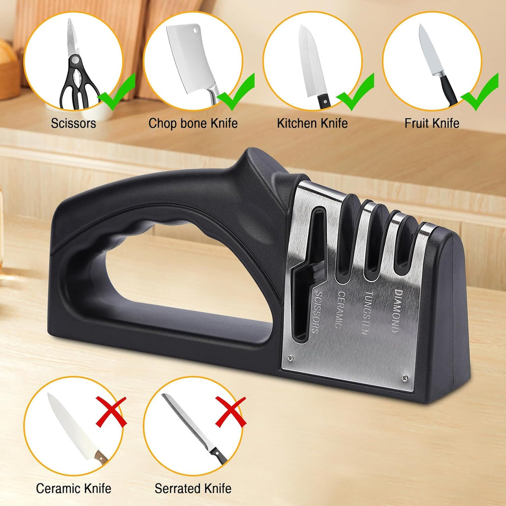 4-in-1Manual Knife Sharpener Suitable for kitchen knives, fruit knives, steel knives, scissors, and 3-level precision