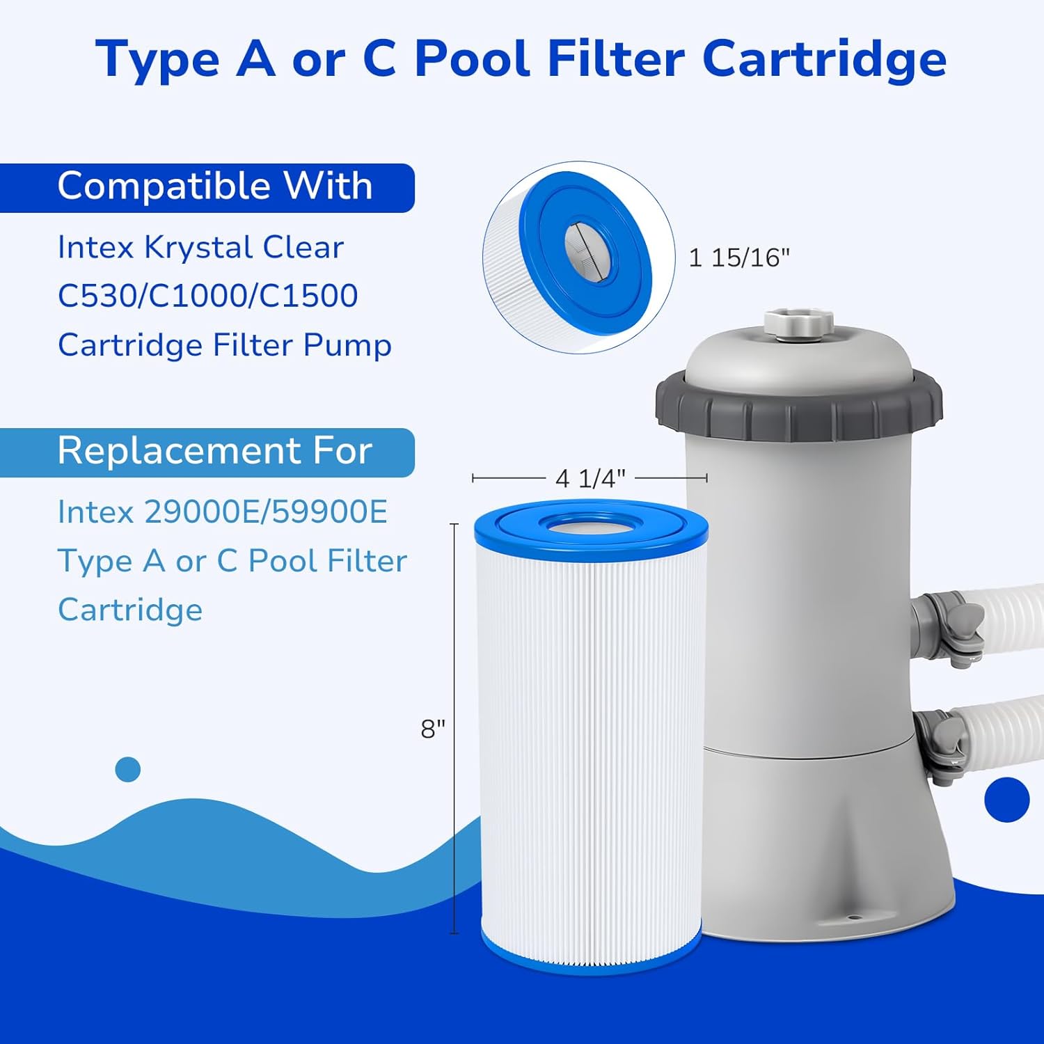 Type A or C Pool Filters Cartridge Compatible with Intex Krystal Clear 530/1000/1500 GPH Filter Pump, Replaces Intex
