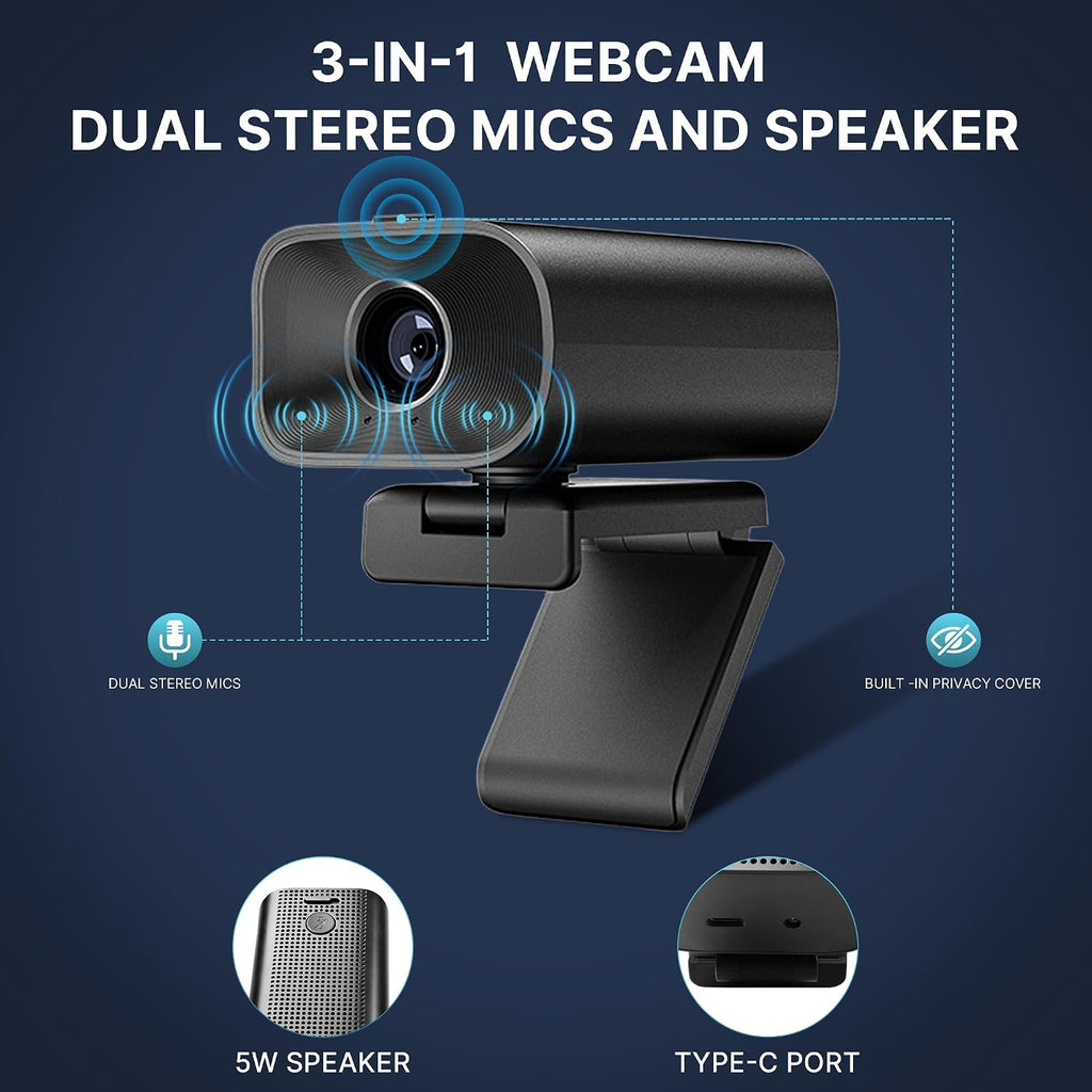 Webcam with 5W Speaker and Microphones for PC,Computer USB Camera 5X Digital Zoom ePTZ 1080P Webcam with Privacy
