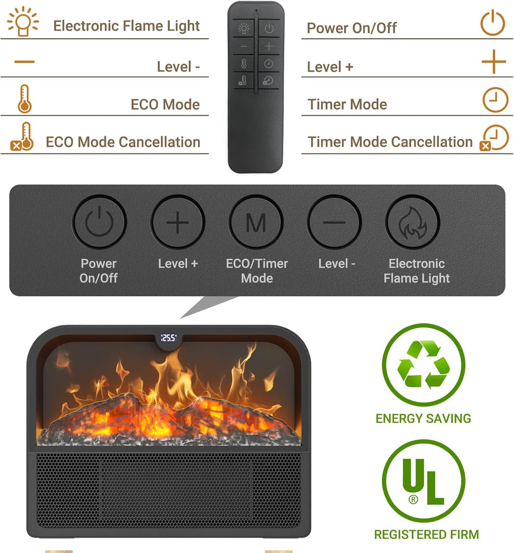 Electric Fireplace Heater, Ultra-Thin Electric Fireplace Stove with Realistic Flame & Solid Wood Stand, 17" Portable