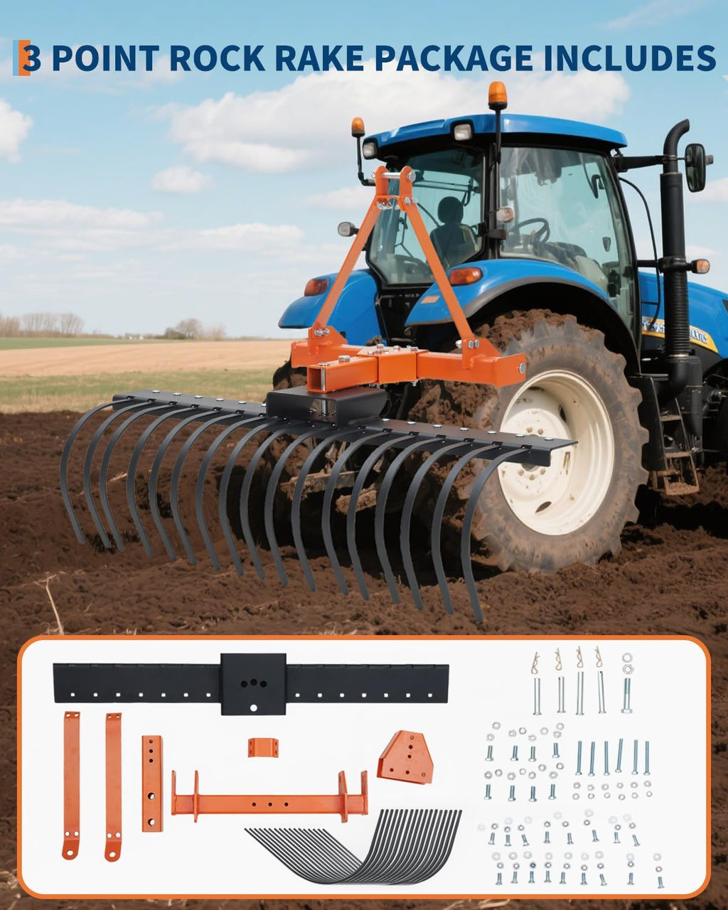 3 Point Hitch Tractor Rake, 50" Landscape Rake Category-0 Cat-1 Tractor | with 360 Degree Rotation,Replaceable Spring