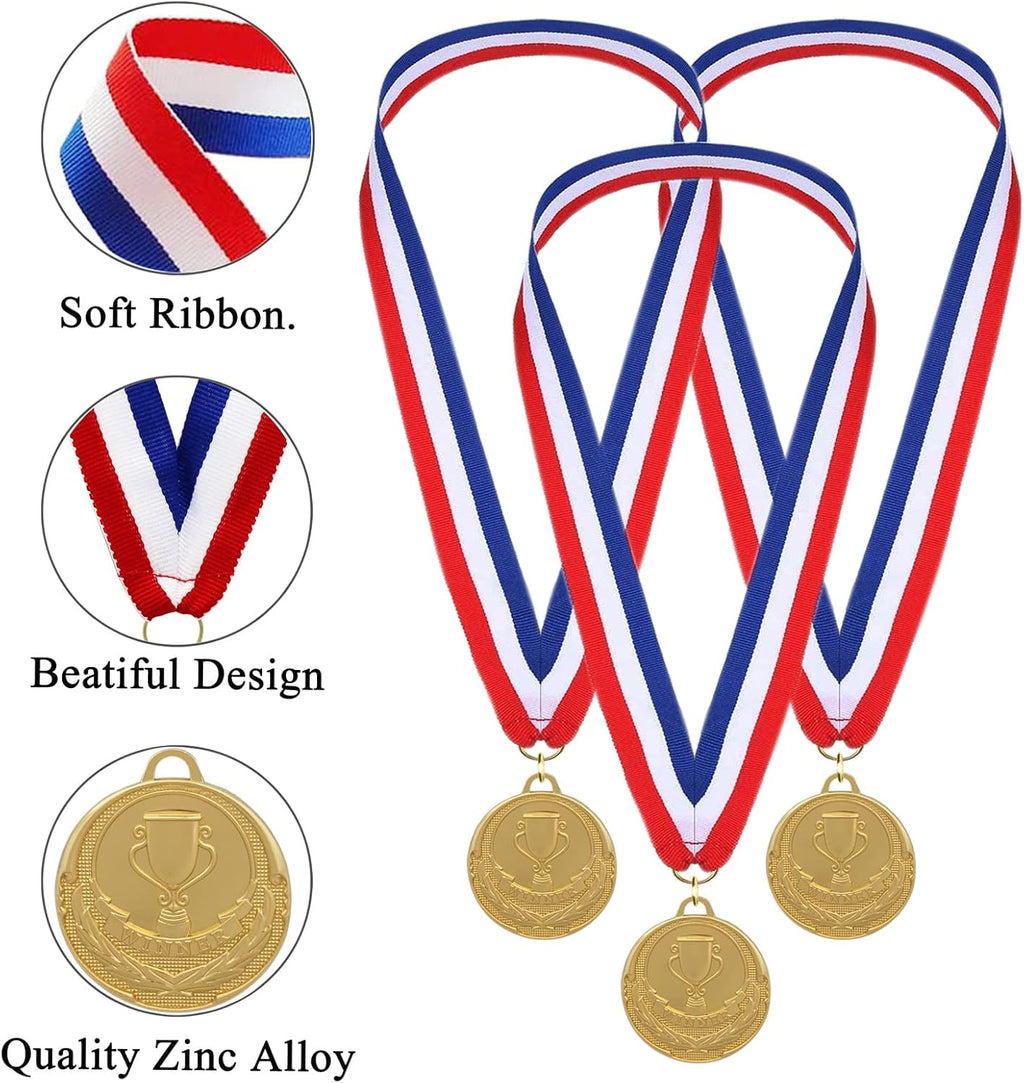 12 Pieces Gold Medals for Awards - Winner Medal Metal with Neck Ribbon Prizes for Kids, Adults, Sports Day, Spelling