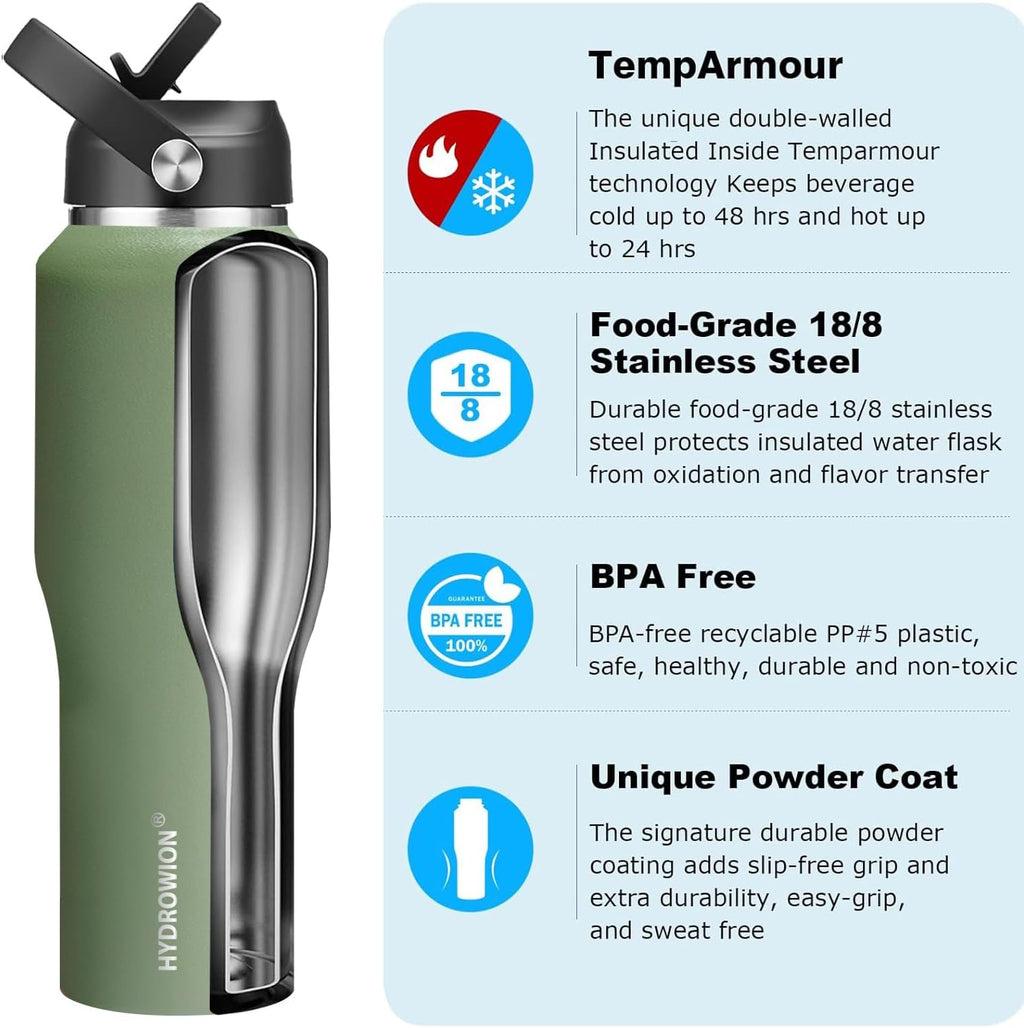 40 oz Insulated Water Bottle with Straw fit in Car Cup Holder(Cold 48 hrs, Hot 24 hrs) Drinking Bottle with Straw