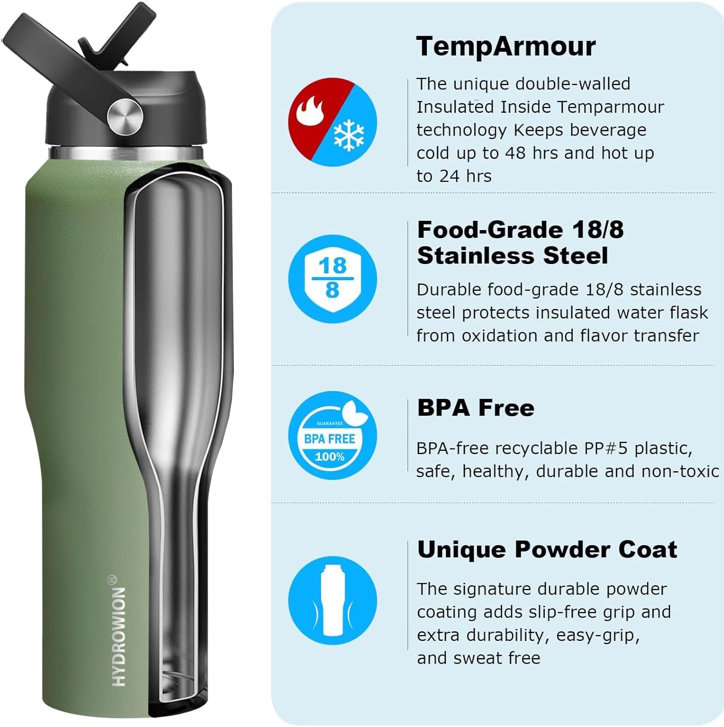 40 oz Insulated Water Bottle with Straw fit in Car Cup Holder(Cold 48 hrs, Hot 24 hrs) Drinking Bottle with Straw