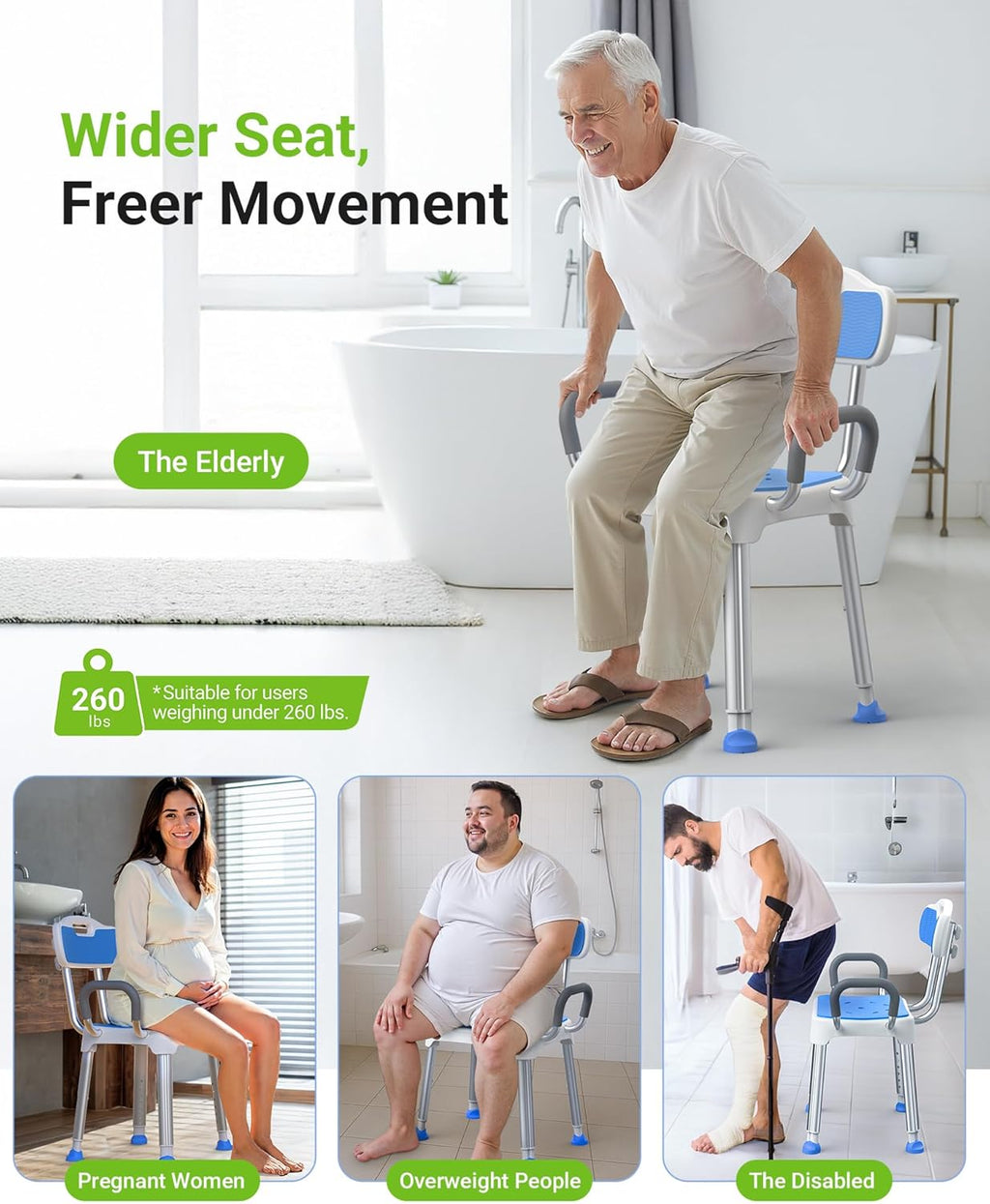 Widened Shower Chair for Inside Shower with Padded Back & Arms,400 lbs Heavy Duty & Adjustable Shower Chair for