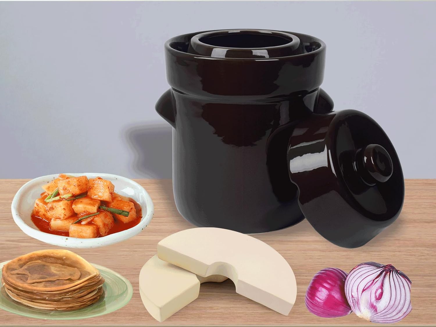 Fermentation Crock Jar 2 Liter/0.5 Gallon - Stoneware Pot for Fermenting, Pickling Kimchi, Pickles, Vegetables