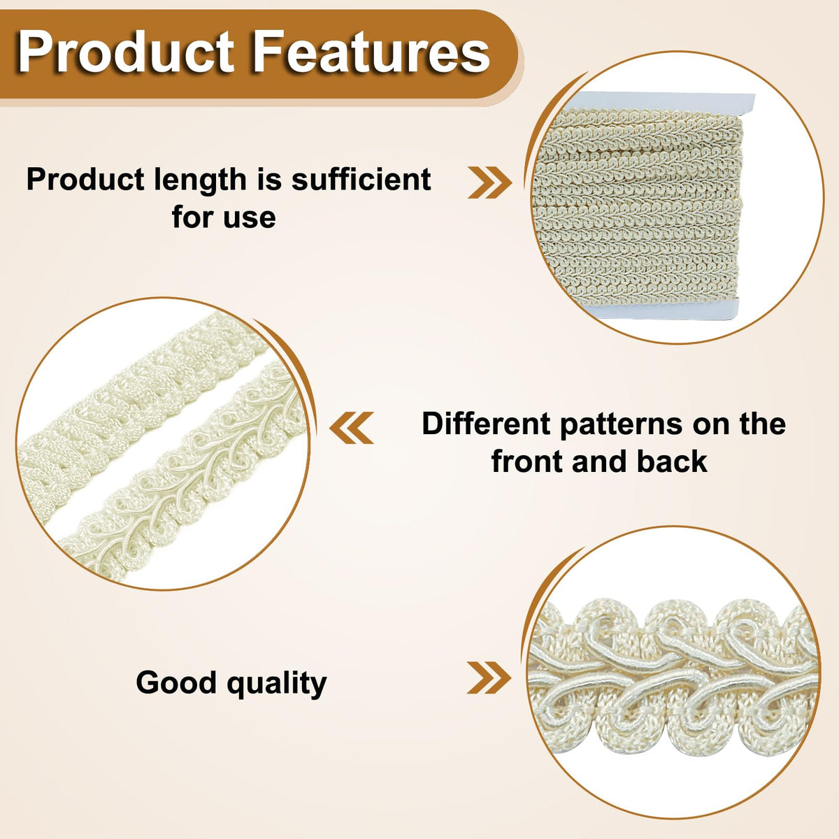 Gimp Braid Trim, Beige, 1/2 Inch, 14 Yards