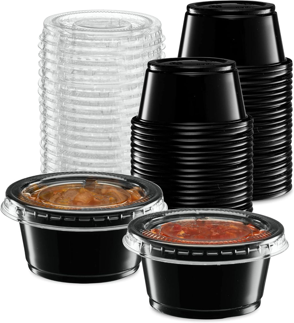 2 oz - Black Diposable Plastic Portion Cups With Lids, Small Mini 100 Sets
