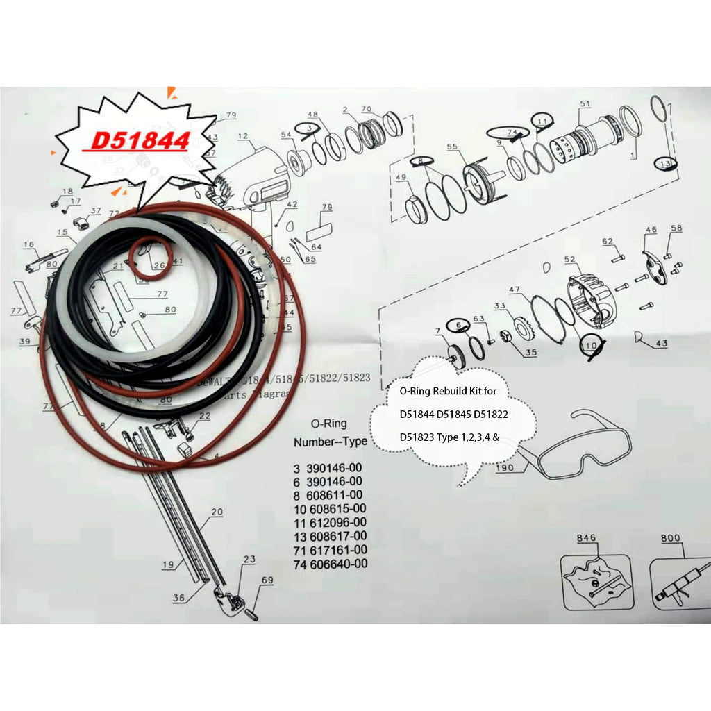 D51844 O-Ring Maintenance Rebuild Kits for DeWALT D51844 D51845 D51822 D51823 Universal Framing Nailer