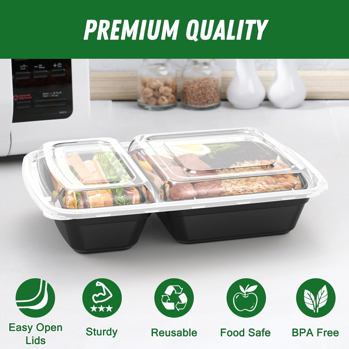 50 Pack 28 oz Meal Prep Containers with Lids 2-Compartment, Black