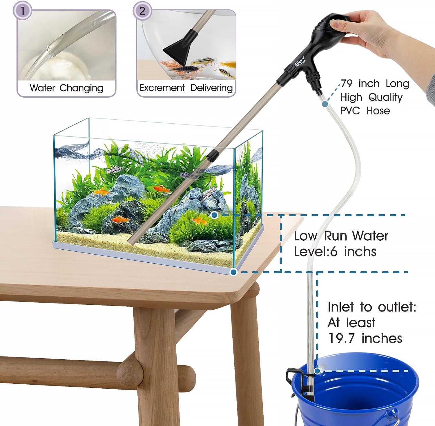Small Gravel Vacuum for Aquarium, Manual 80GPH Aquarium Gravel Cleaner Low Water Level Water Changer Fish Tank