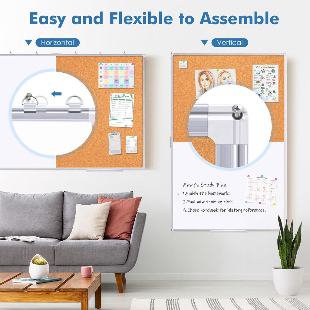Magnetic White Board and Cork Board Combo, 48 X 36 inches Whiteboard Bulletin Combination Board, Wall Mounted Dry