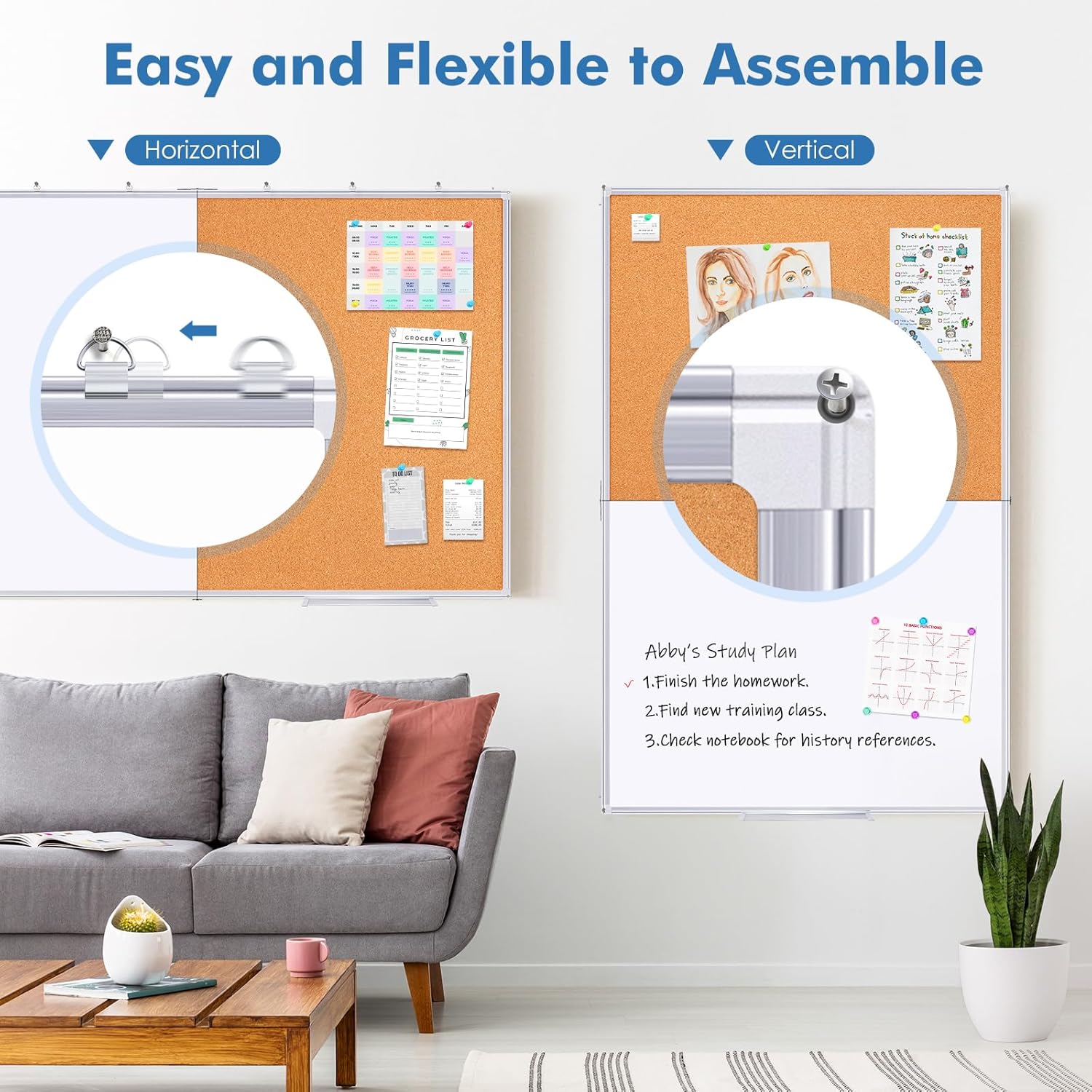 Magnetic White Board and Cork Board Combo, 48 X 36 inches Whiteboard Bulletin Combination Board, Wall Mounted Dry