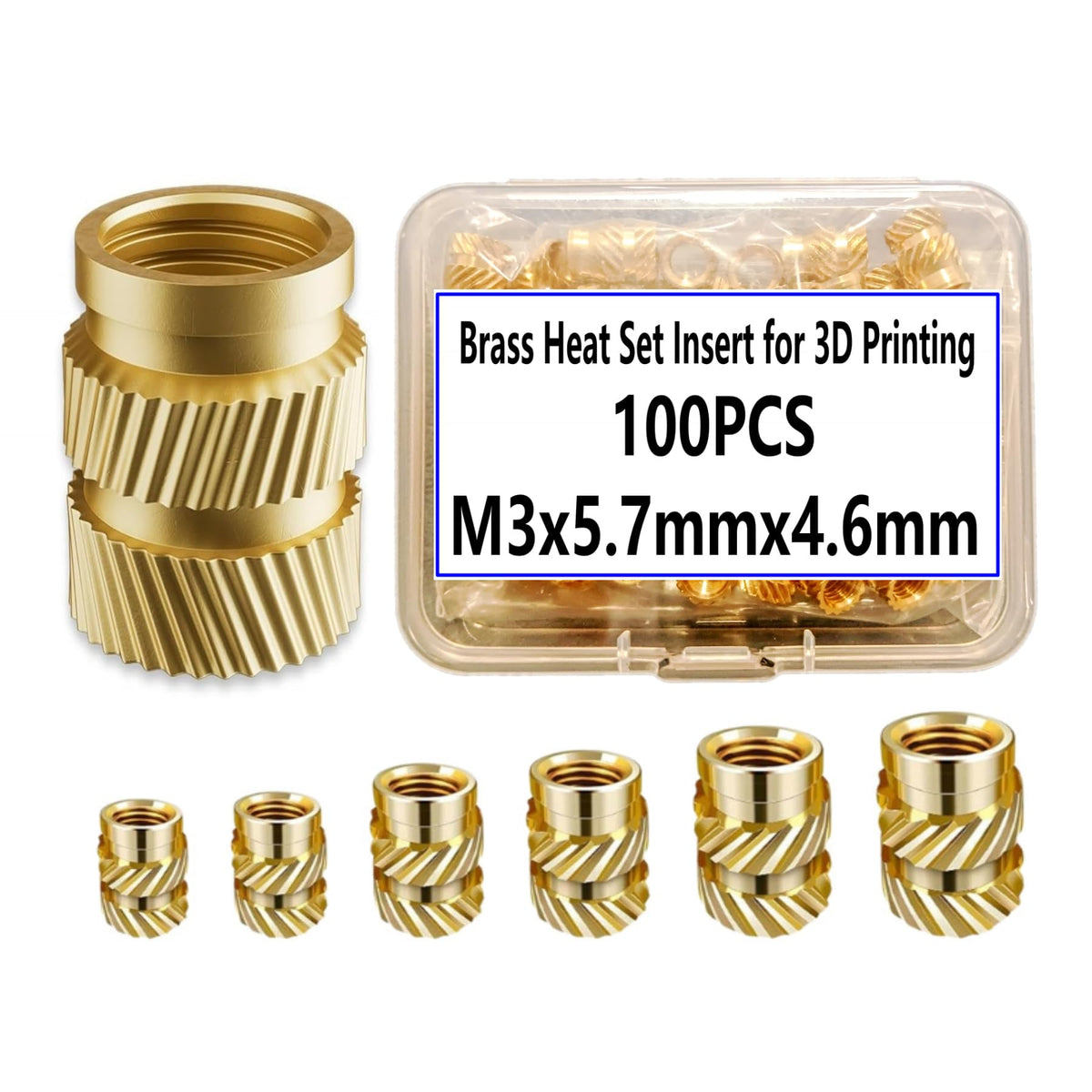 100pcs Brass Threaded Inserts, M3x5.7x4.6 Heat Set Insert for 3D Printing