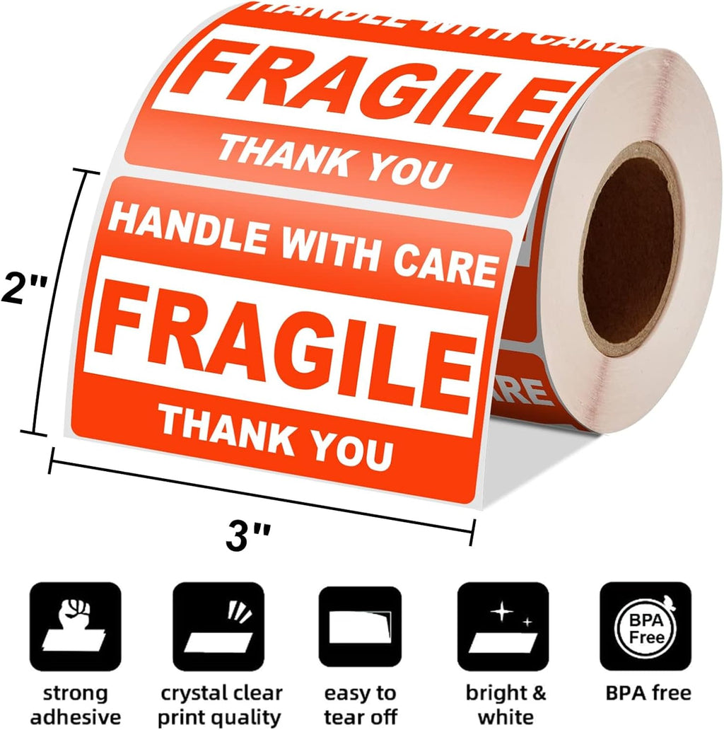 3" x 2" Fragile Stickers for Shipping, Handle with Care Fragile Labels, Strong Adhesive for Moving, Thank You Warning
