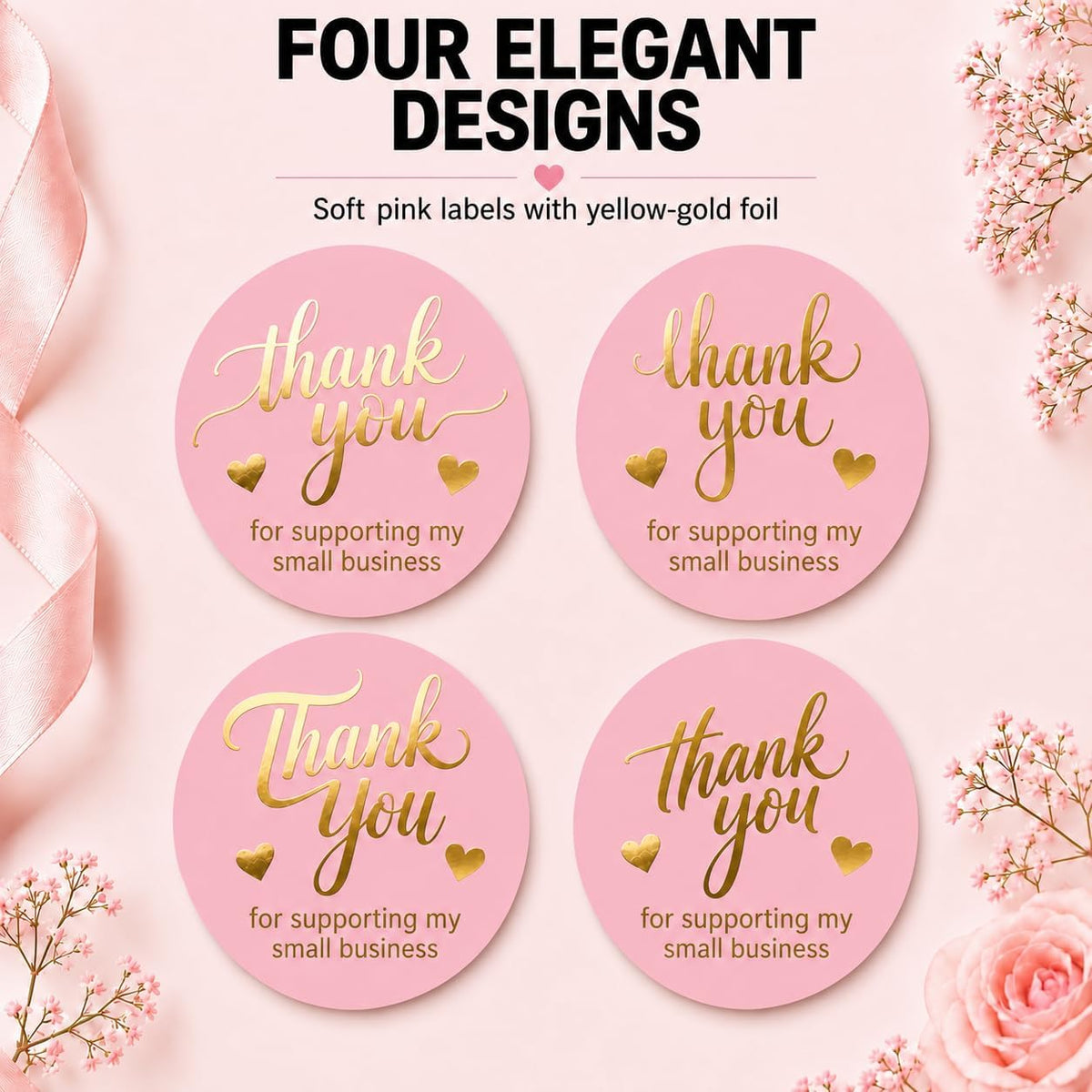 Pink Thank You Stickers, 500, 1.5” Round, Gold Foil
