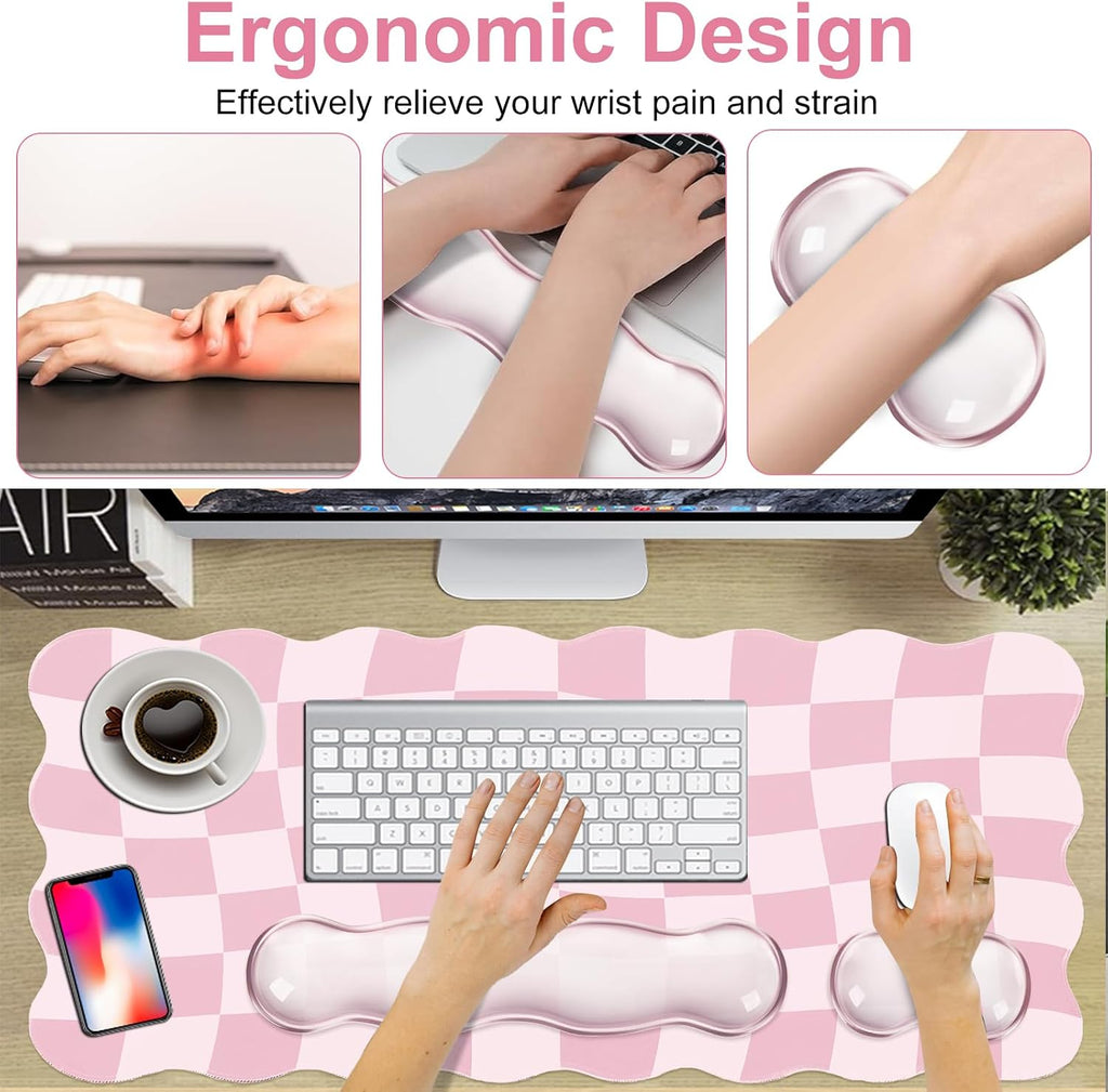 Pink Checkered Mouse Pad Set,Scalloped Pastel XXL Desk Mat Set | Desk Mat+Ergonomic Mouse Wrist Rest+Gel Keyboard