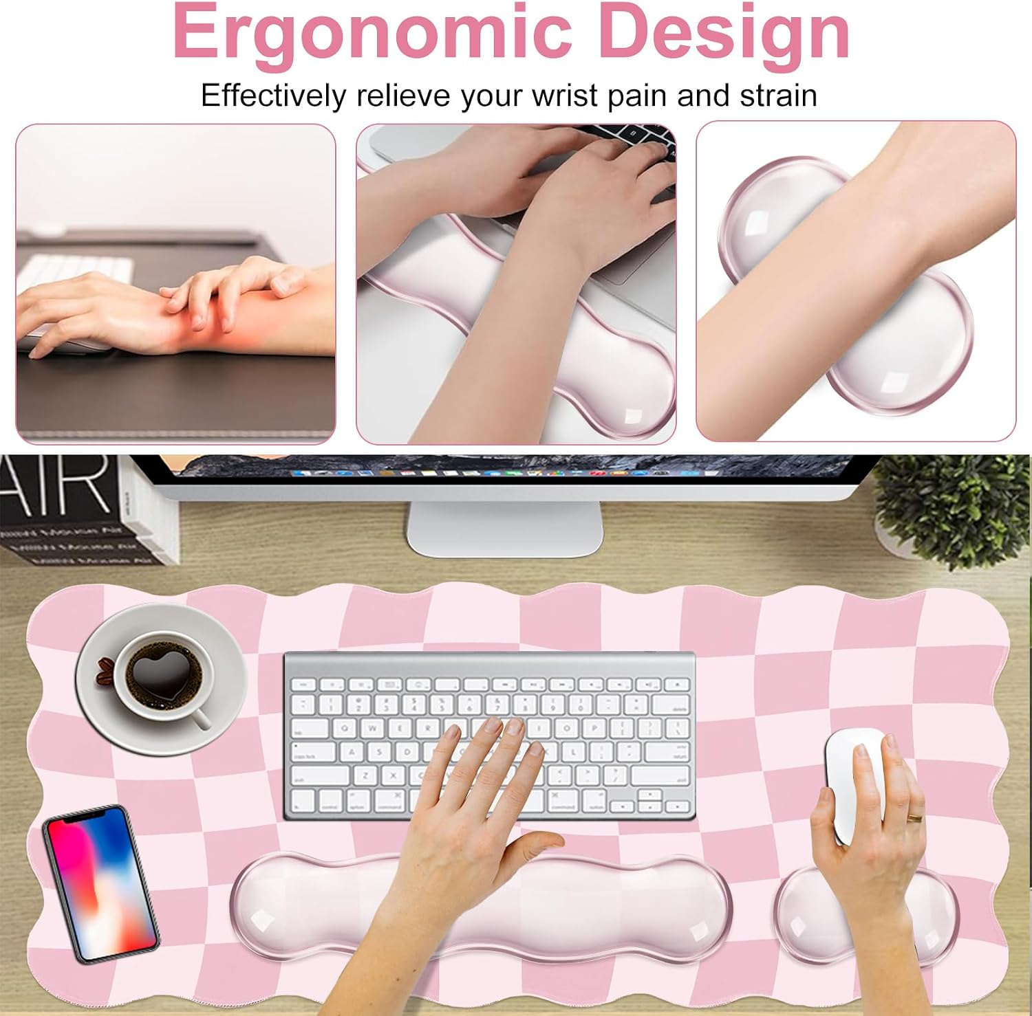 Pink Checkered Mouse Pad Set,Scalloped Pastel XXL Desk Mat Set | Desk Mat+Ergonomic Mouse Wrist Rest+Gel Keyboard