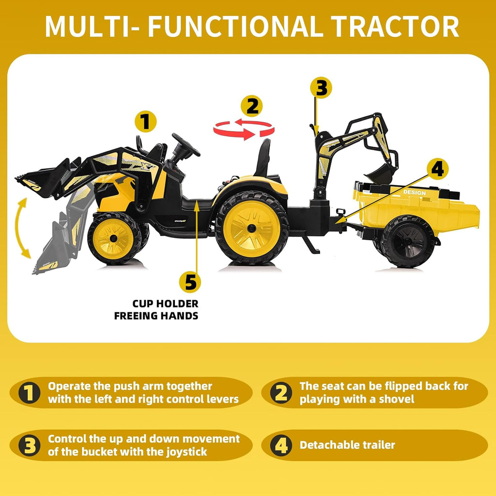 3 in 1 Kids 24V Ride On Tractor, Excavator & Bulldozer, Electric Vehicle w/Trailer, Digger, Shovel Bucket, Remote
