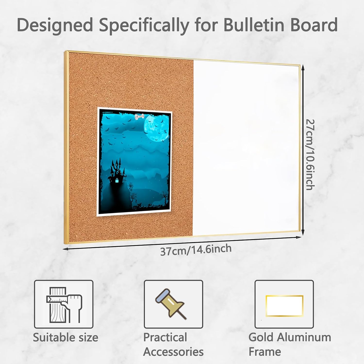 Cork Board White Board Combo, Small Size 10.6" x 14.6" Magnetic Dry Erase Board/Bulletin Combination Board, Gold