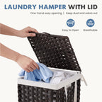 Laundry Basket with Lid, 65L Wicker Laundry Hampers, Chestnut Brown